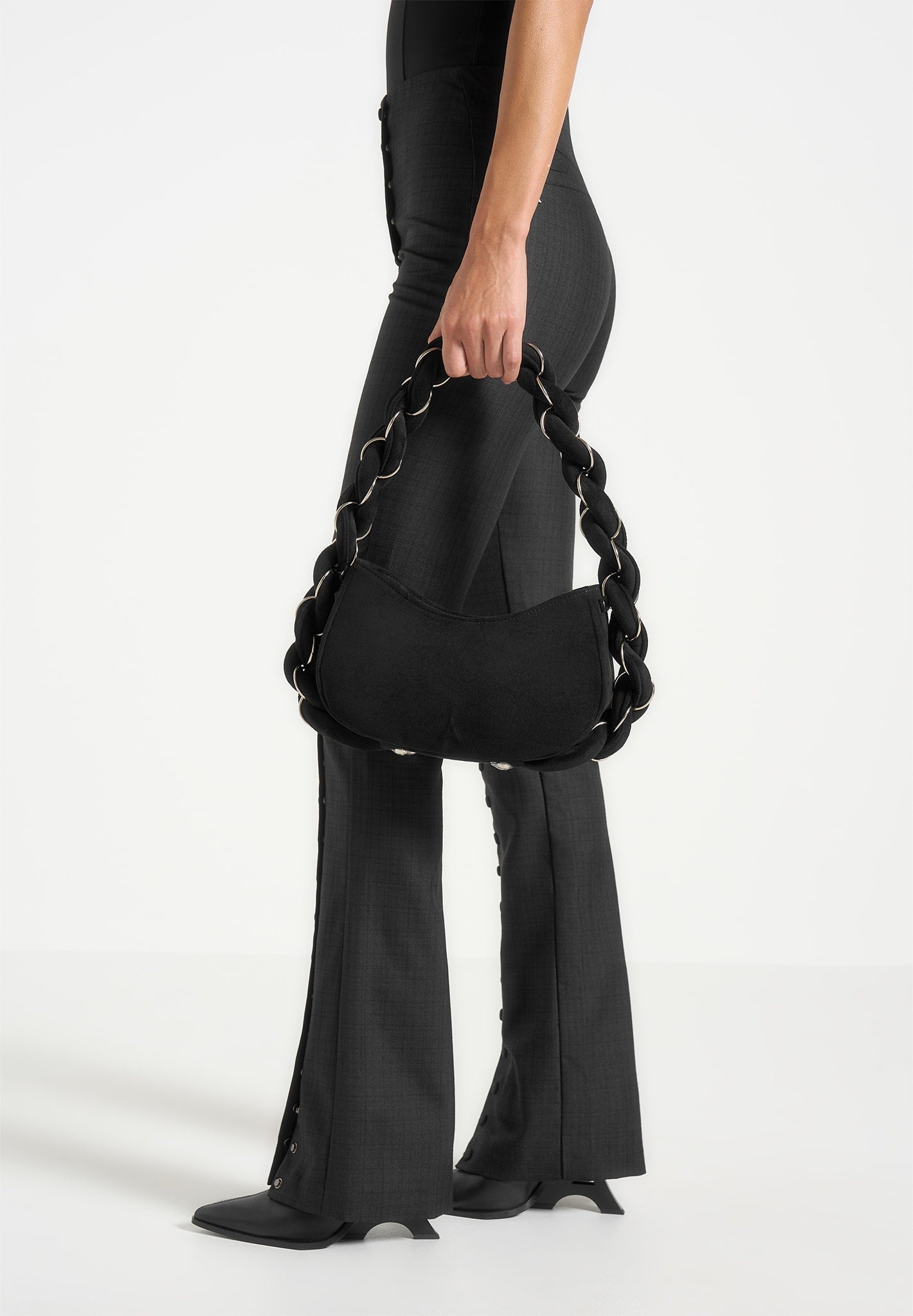 Plaited Suede Shoulder Handbag with Rope Detailing | Somme Black/Silver