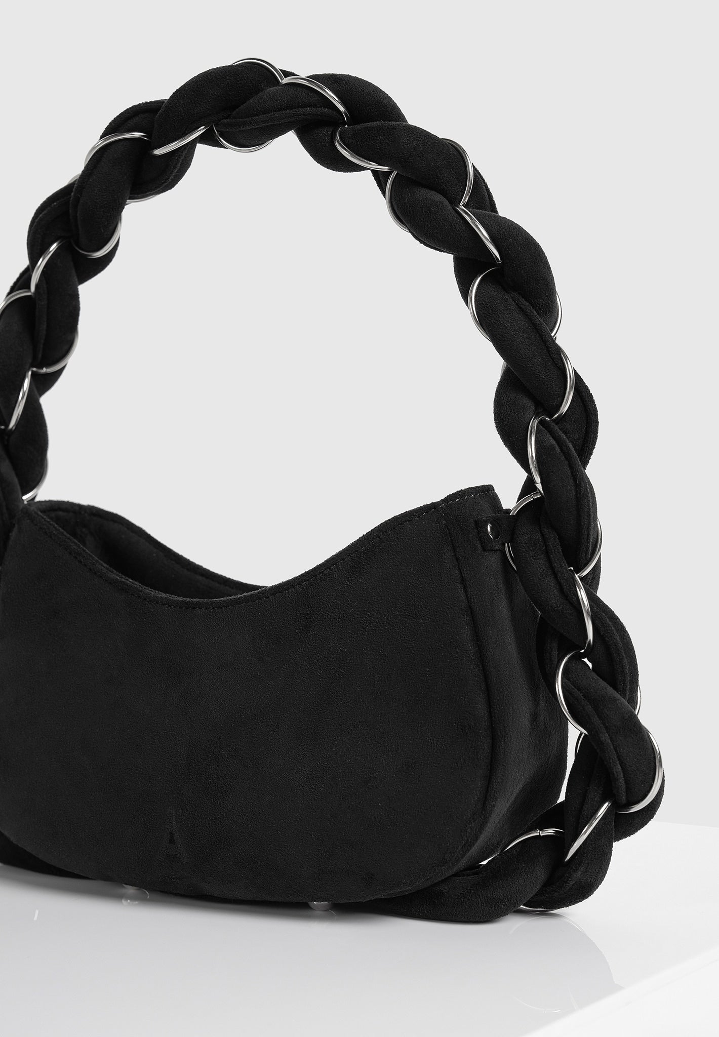 Plaited Suede Shoulder Handbag with Rope Detailing | Somme Black/Silver