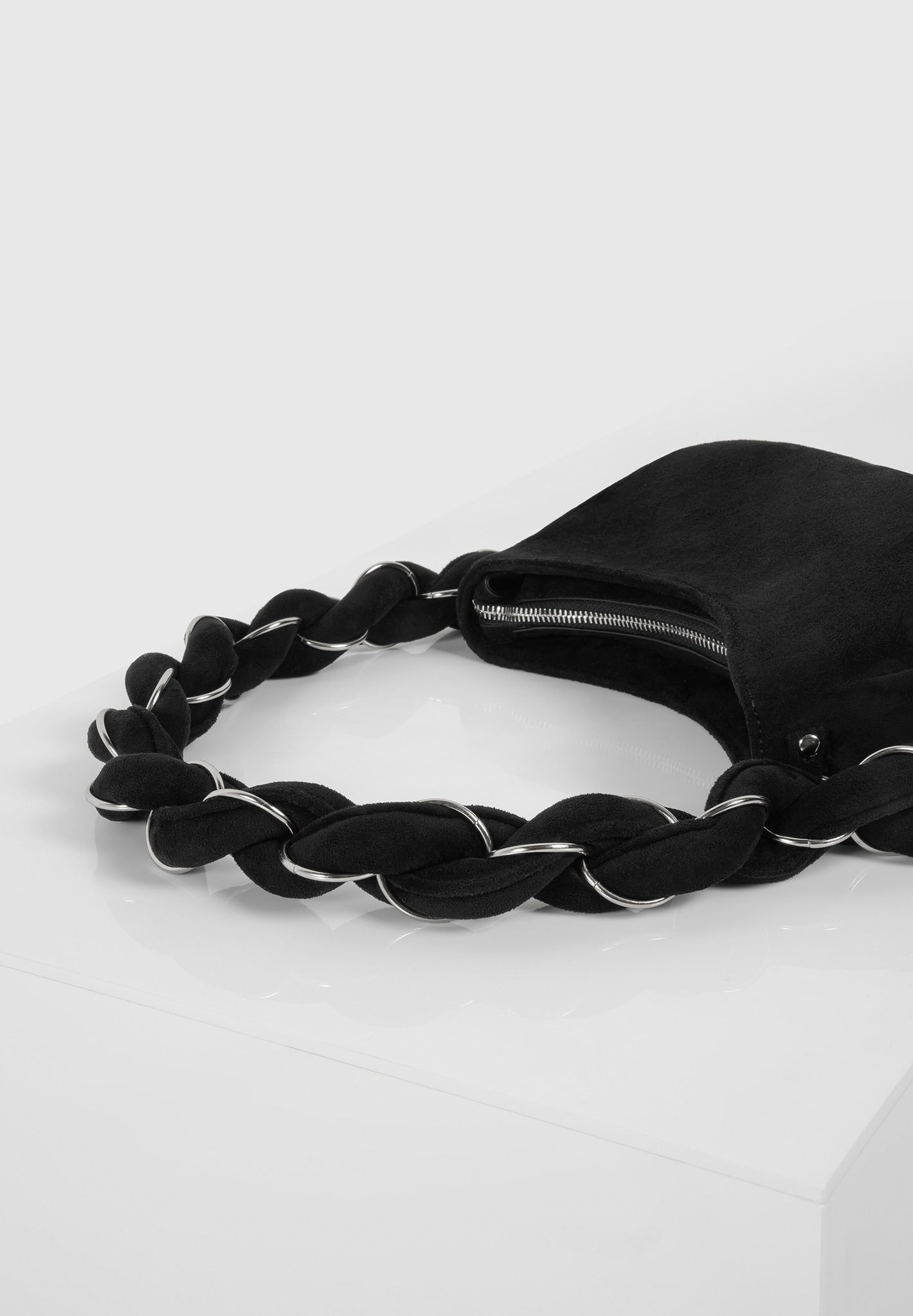 Plaited Suede Shoulder Handbag with Rope Detailing | Somme Black/Silver