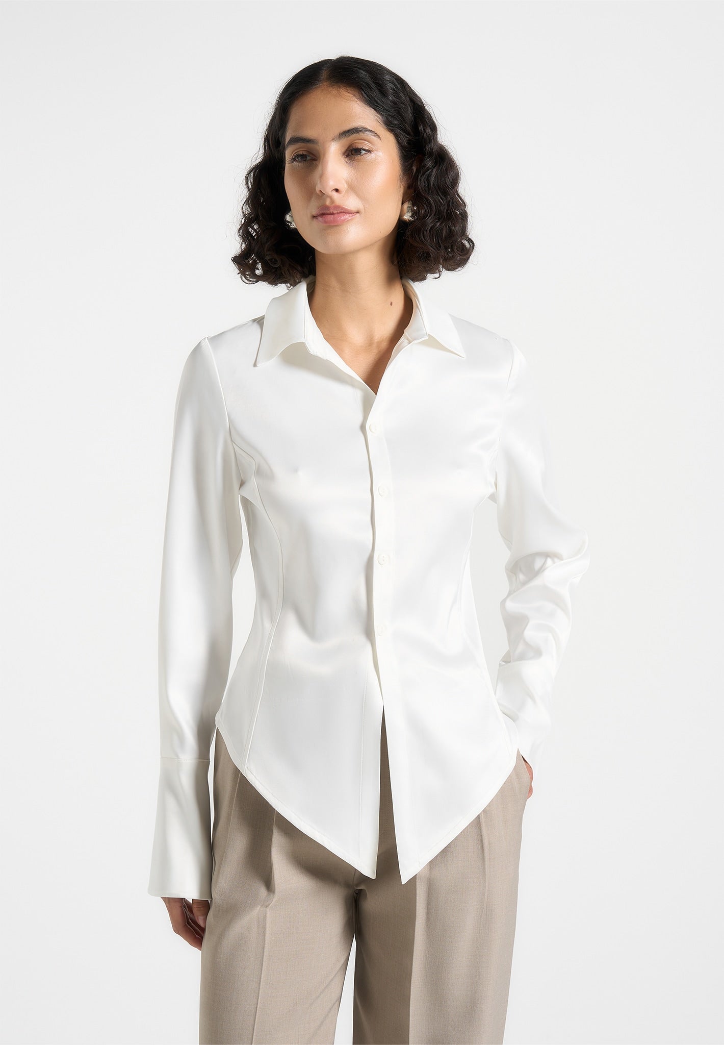 Angled Satin Shirt for Women | White & Tailored Fit | Sonia