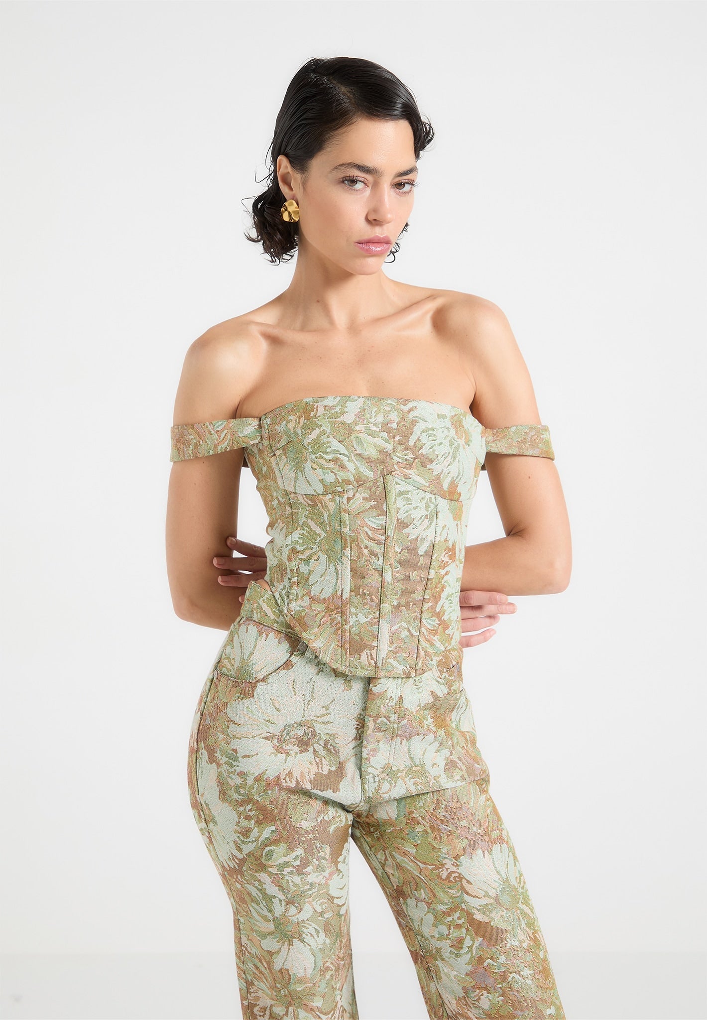 Jacquard Corset Top with Off-Shoulder Straps & Boning | Bonnie