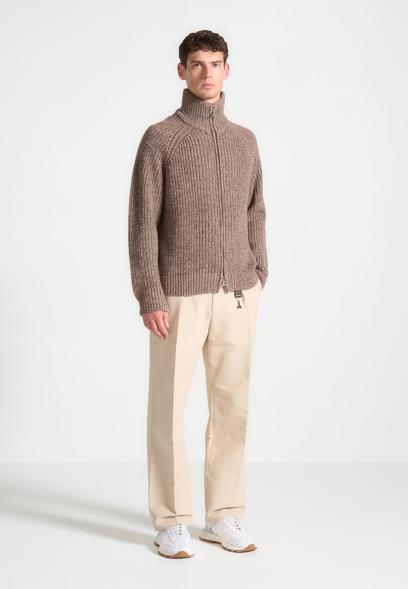 Speckled Wool Zip Up Cardigan for Women | Taupe & Silver Hardware