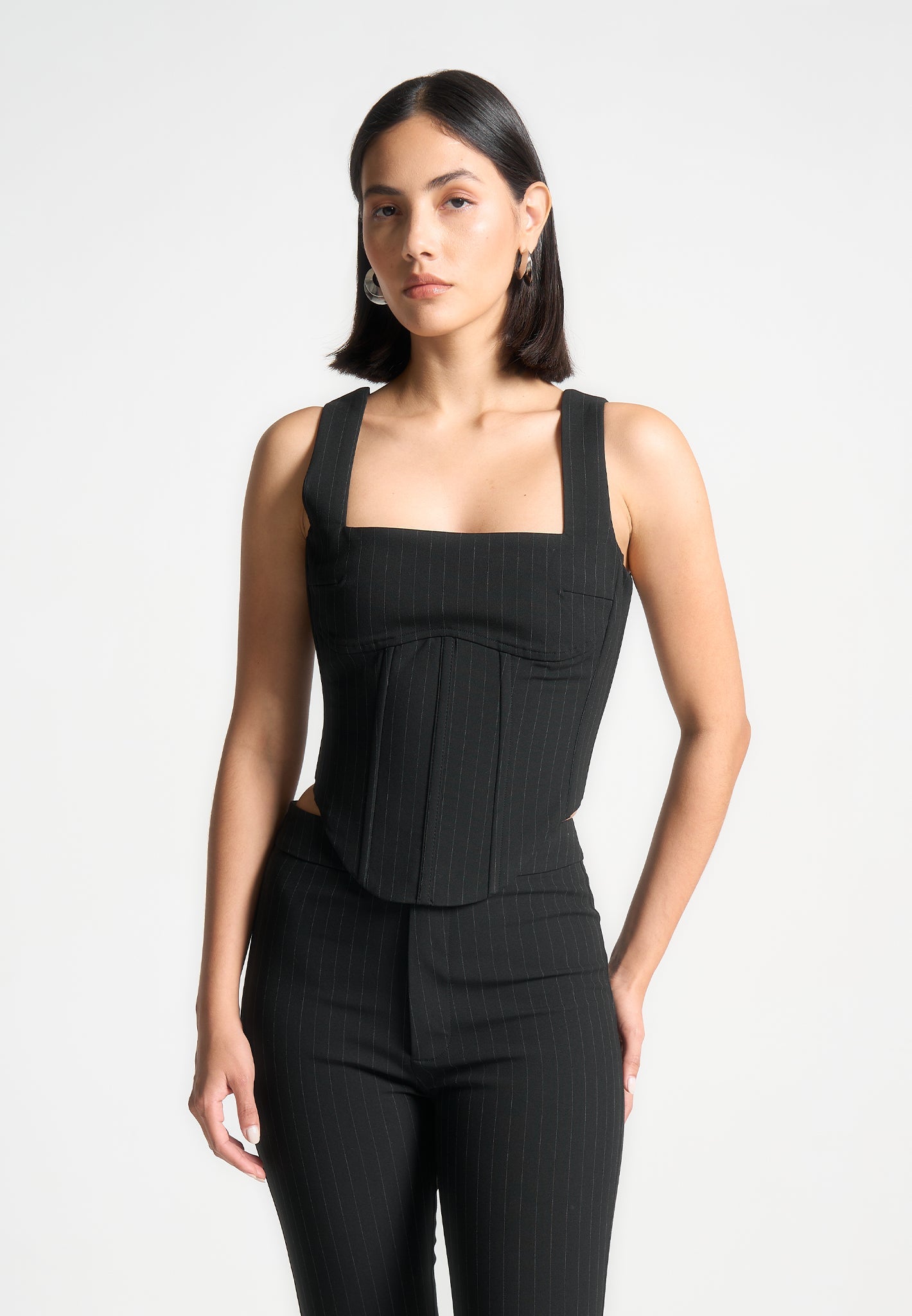 Black Pinstripe Corset Top with Square Neck & Boning | Structured Fit