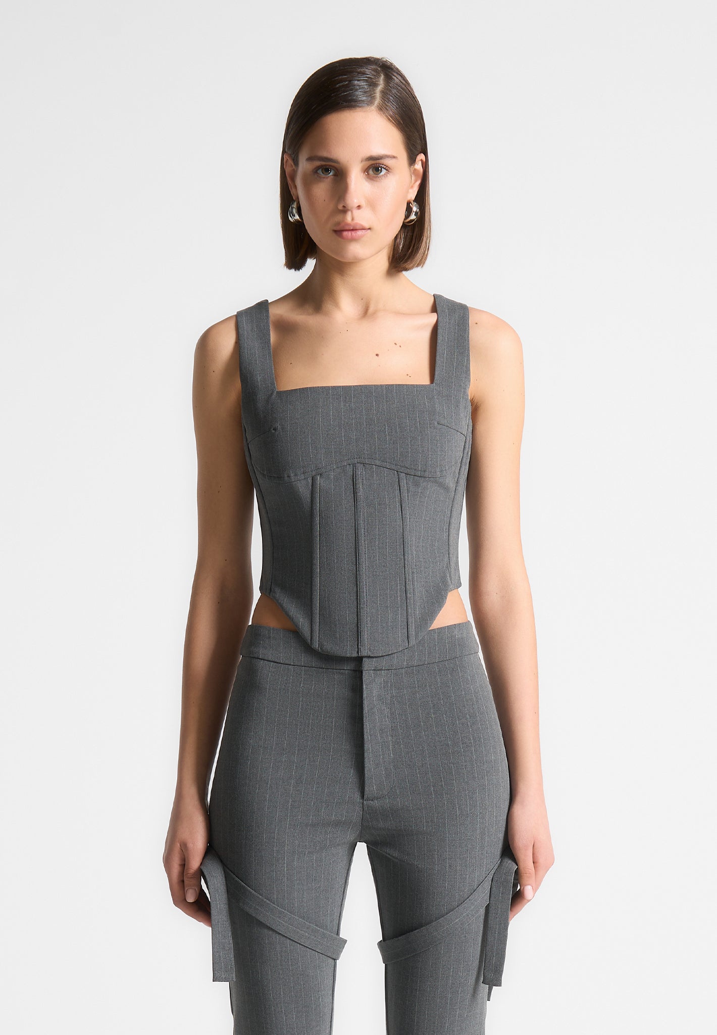 Square Neck Pinstripe Corset Top with Boning & Dipped Hem | Grey