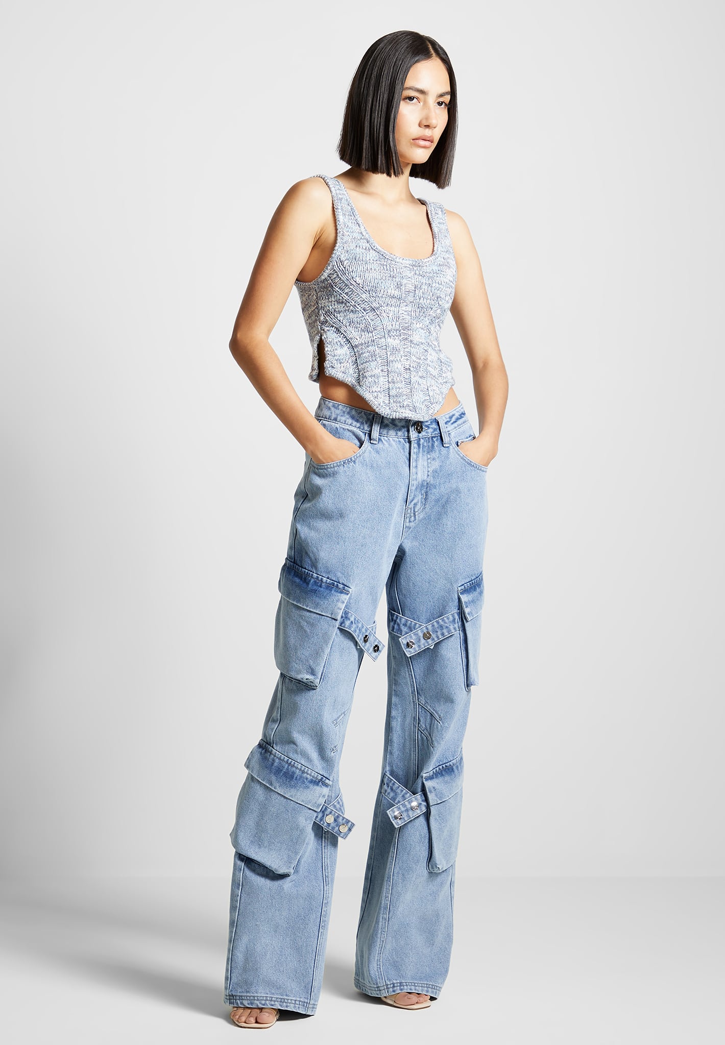 Men's Strap Detail Cargo Jeans with 3D Pockets | Mid Blue