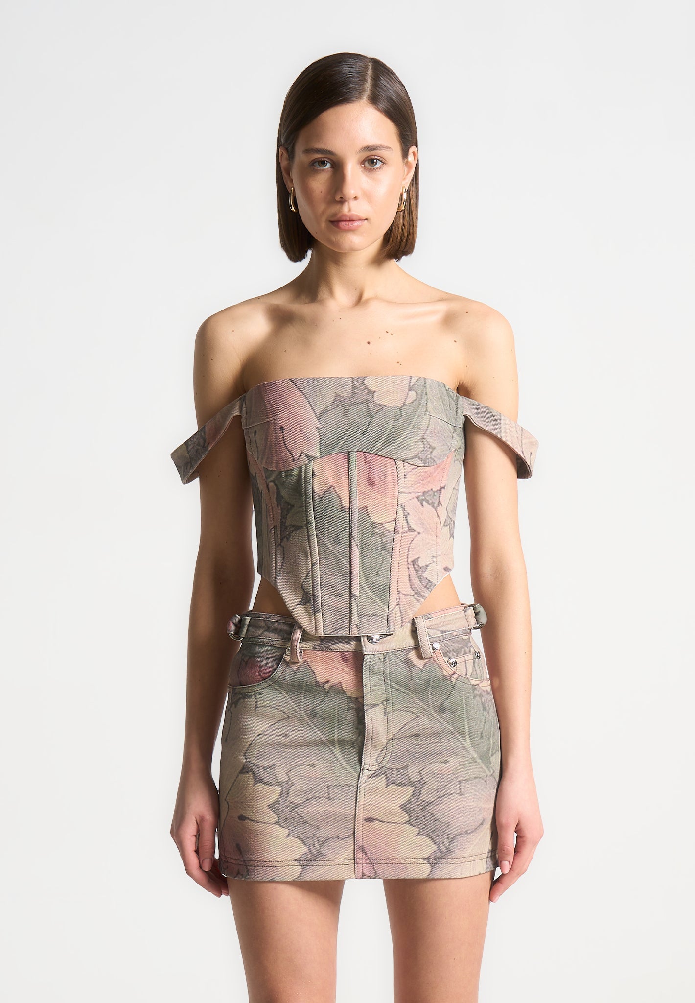 Renaissance Camo Corset Top with Bardot Neckline & Boning | Bonnie