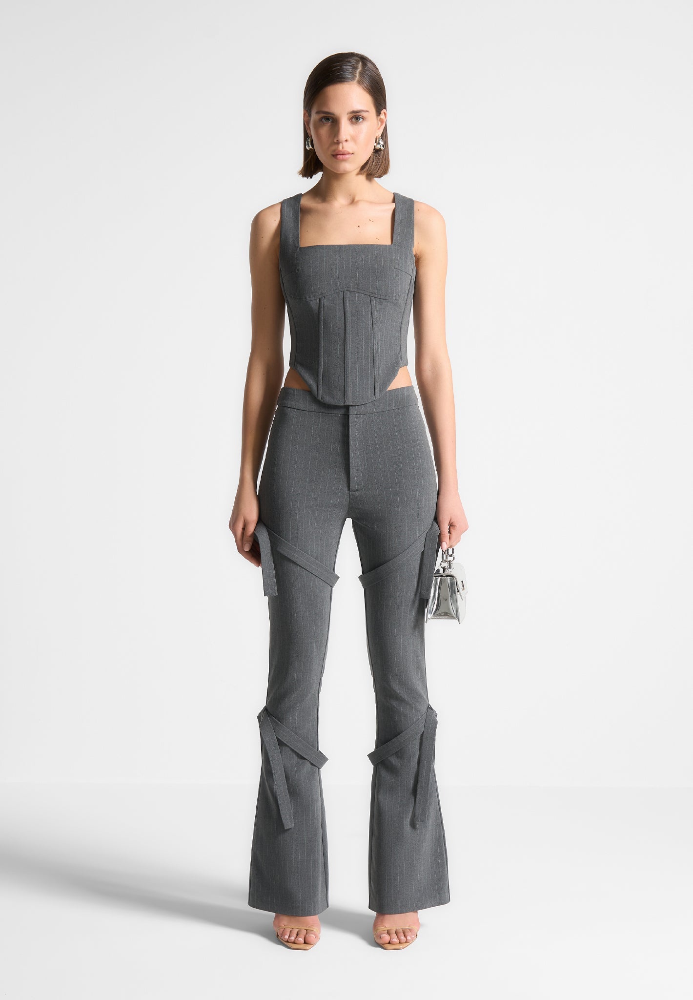 Pinstripe Fit and Flare Leggings with Strap Detail | Grey