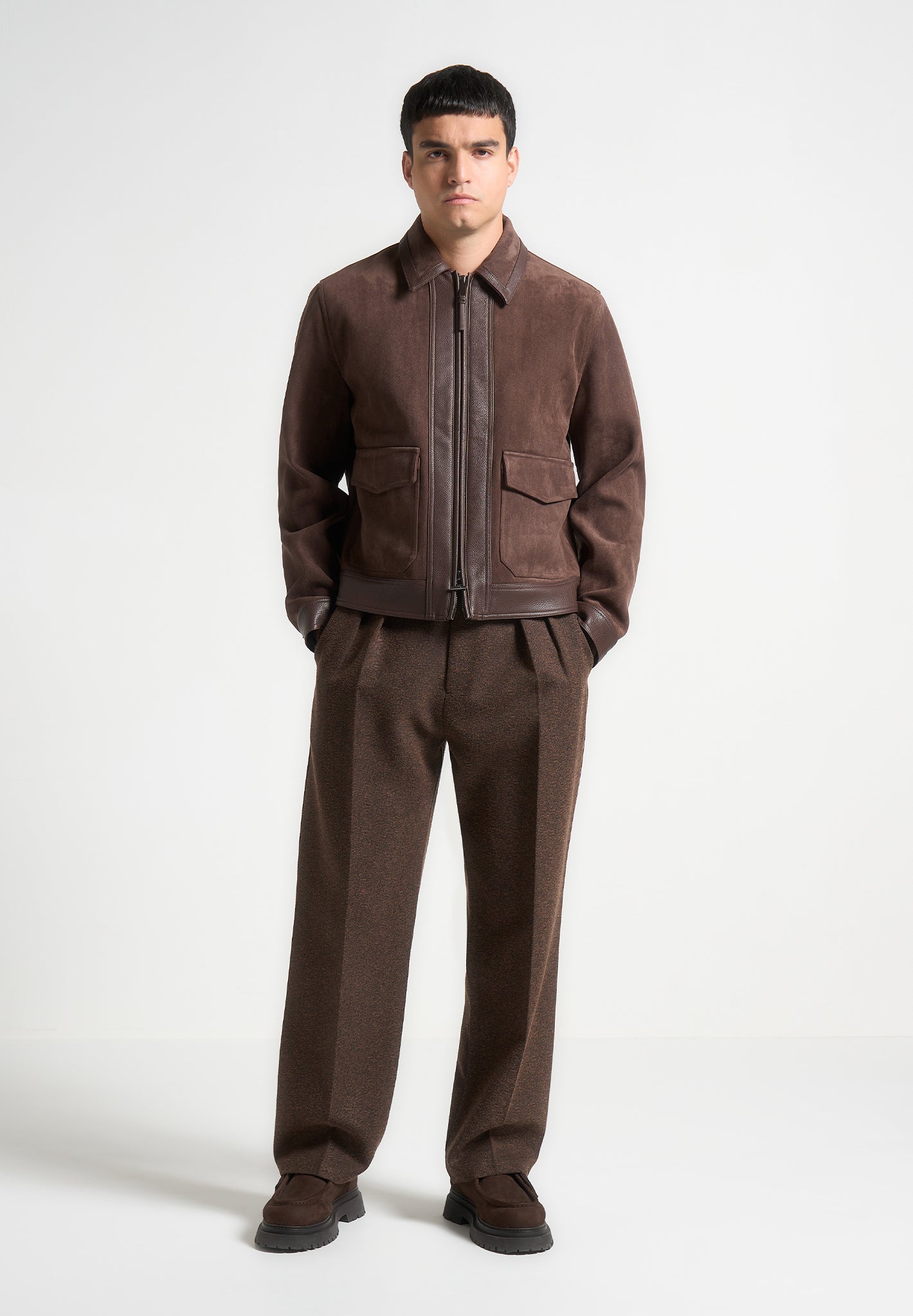 Vegan Suede & Leather Jacket with Front Pockets | Brown