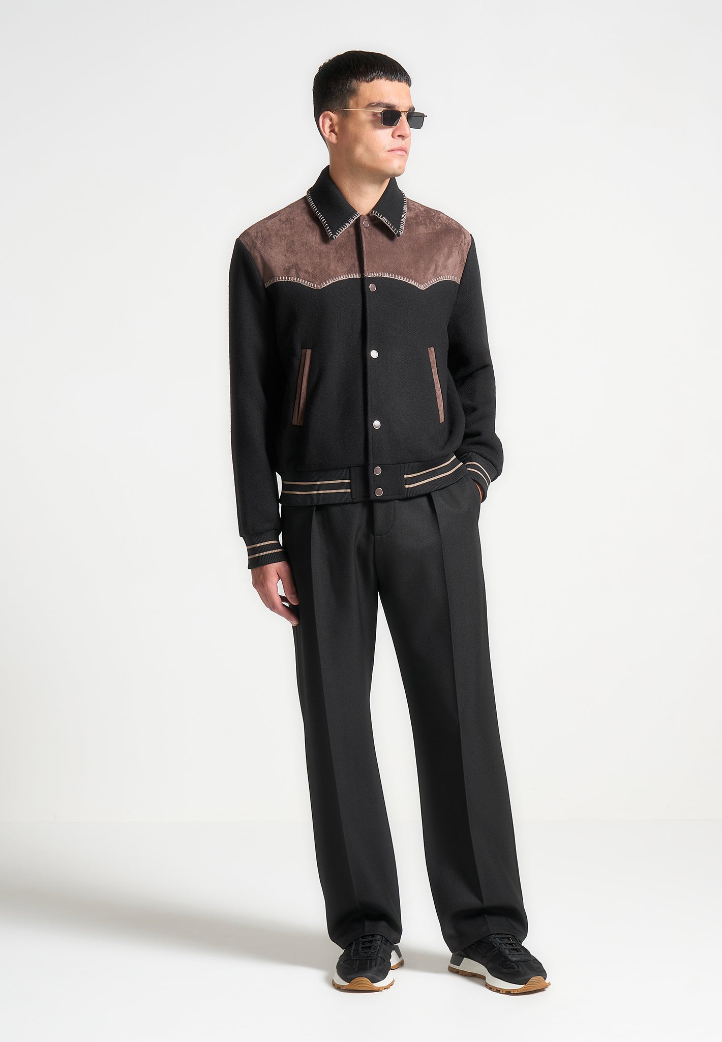 Suede & Wool Varsity Jacket with Whipstitch Detail | Manière De Voir