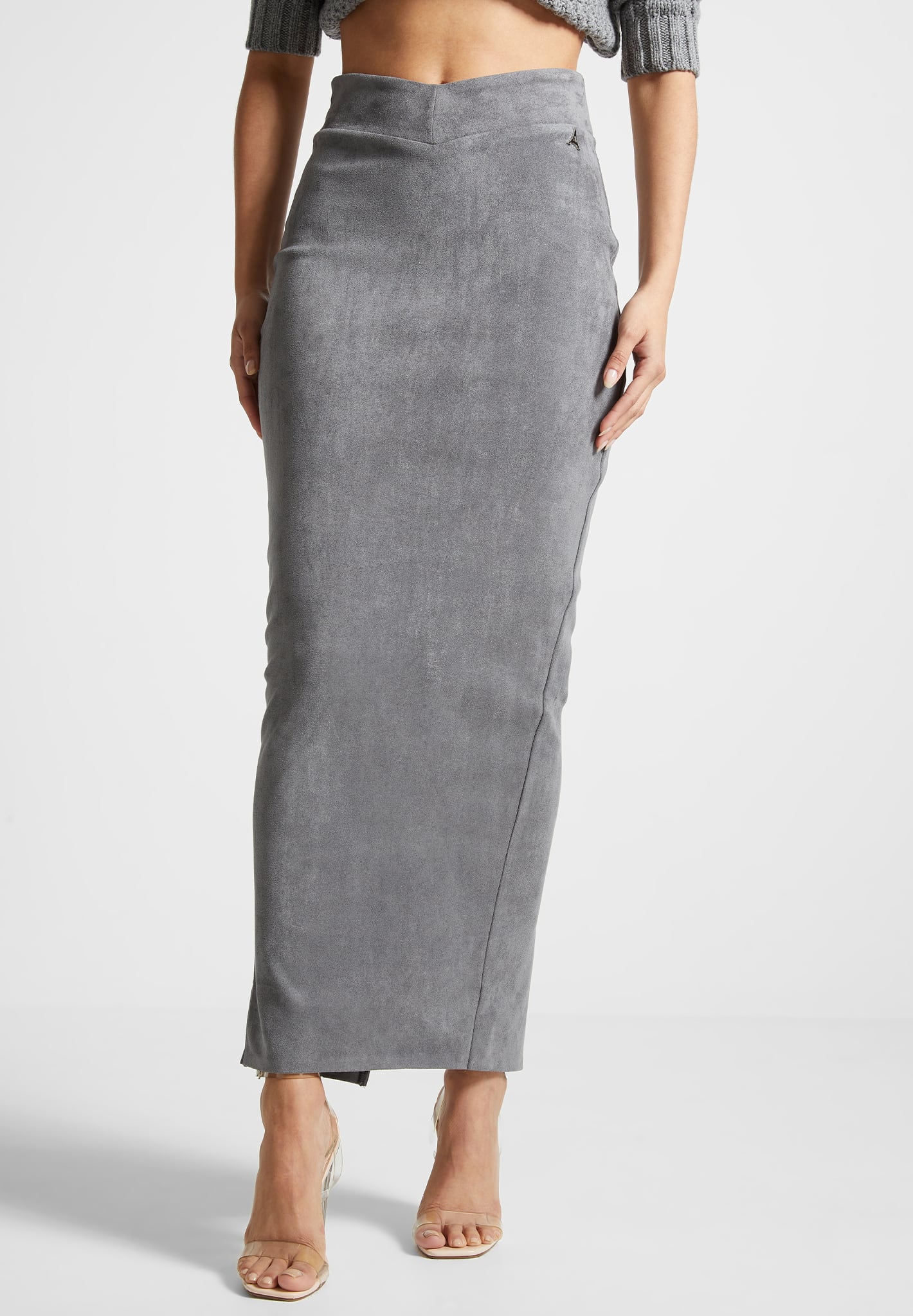 Vegan Suede Midaxi Skirt - High Waisted & Figure Flattering | Light Grey
