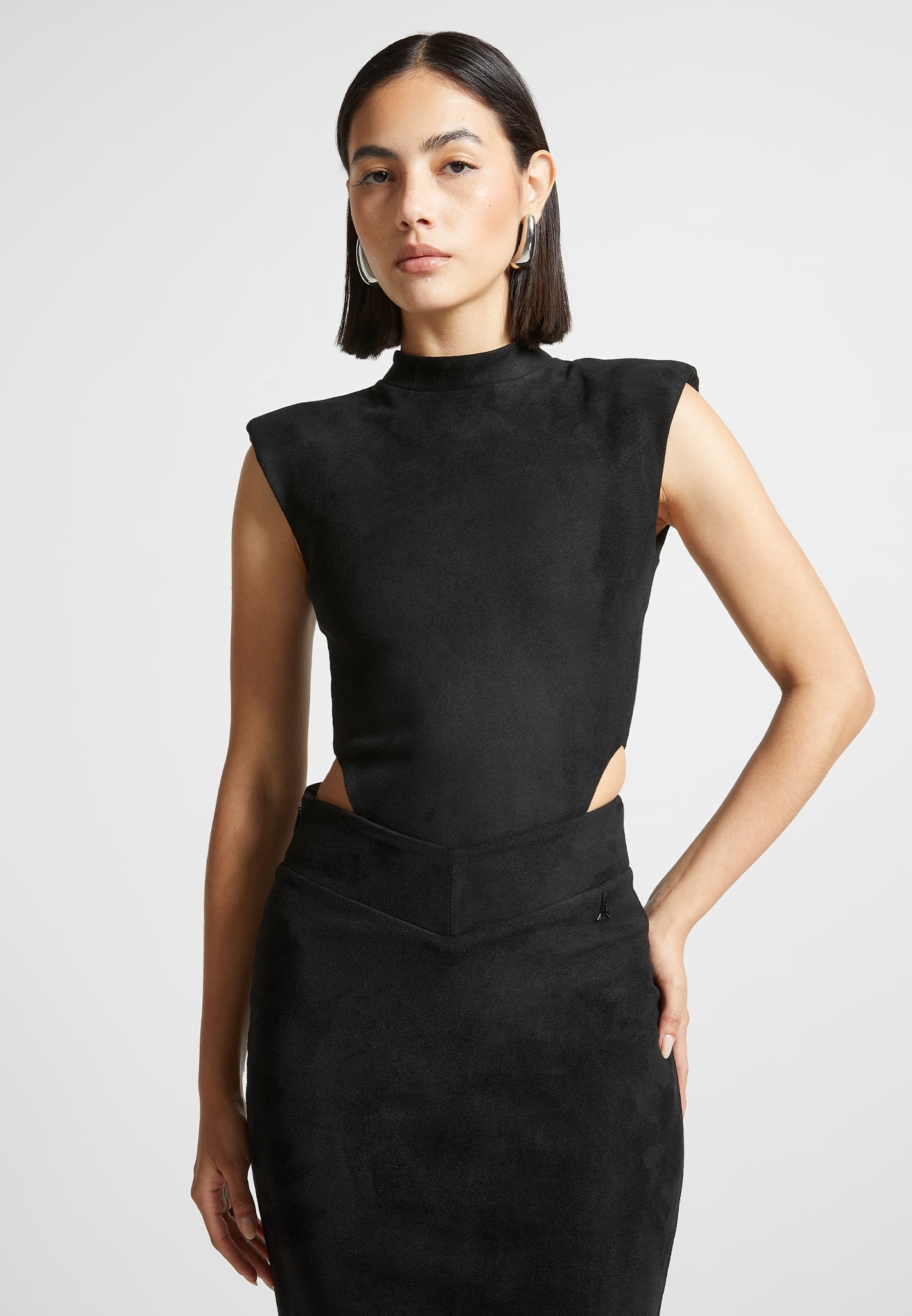Vegan Suede Bodysuit with High Leg & Wide Shoulder | Black