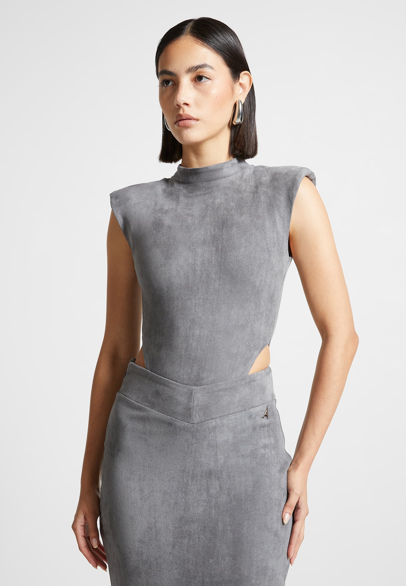 Vegan Suede Bodysuit with High Neck & Wide Shoulder | Light Grey