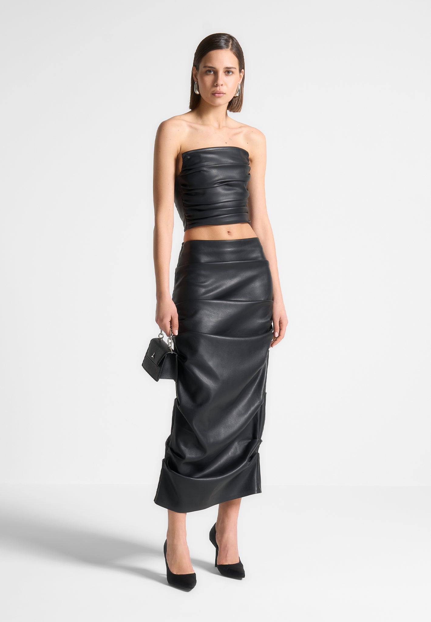 Vegan Leather Midaxi Skirt with Tacked Detailing | Manière De Voir