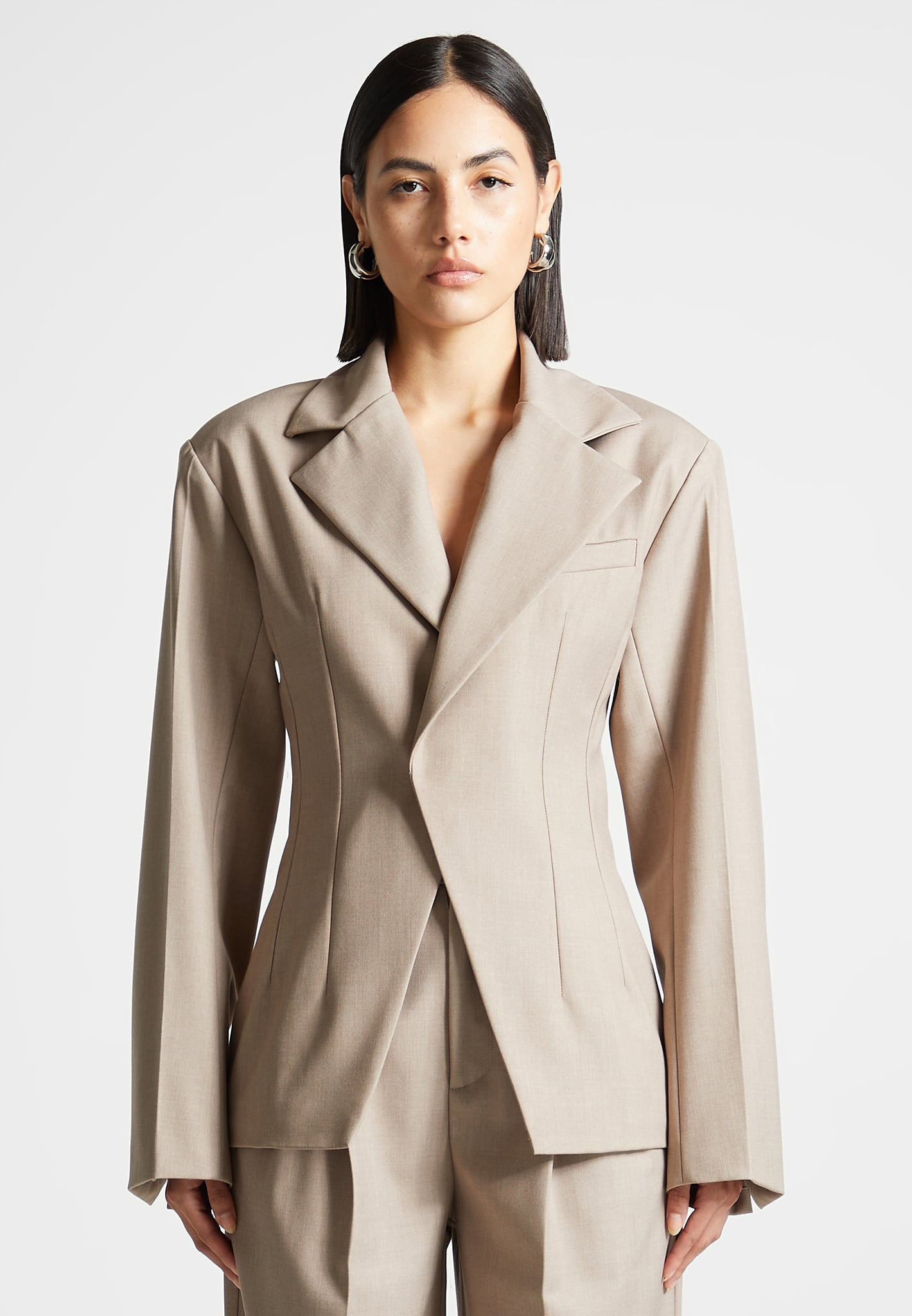 Tailored Double Breasted Blazer for Men | Taupe Formal Jacket with Pintuck Sleeves