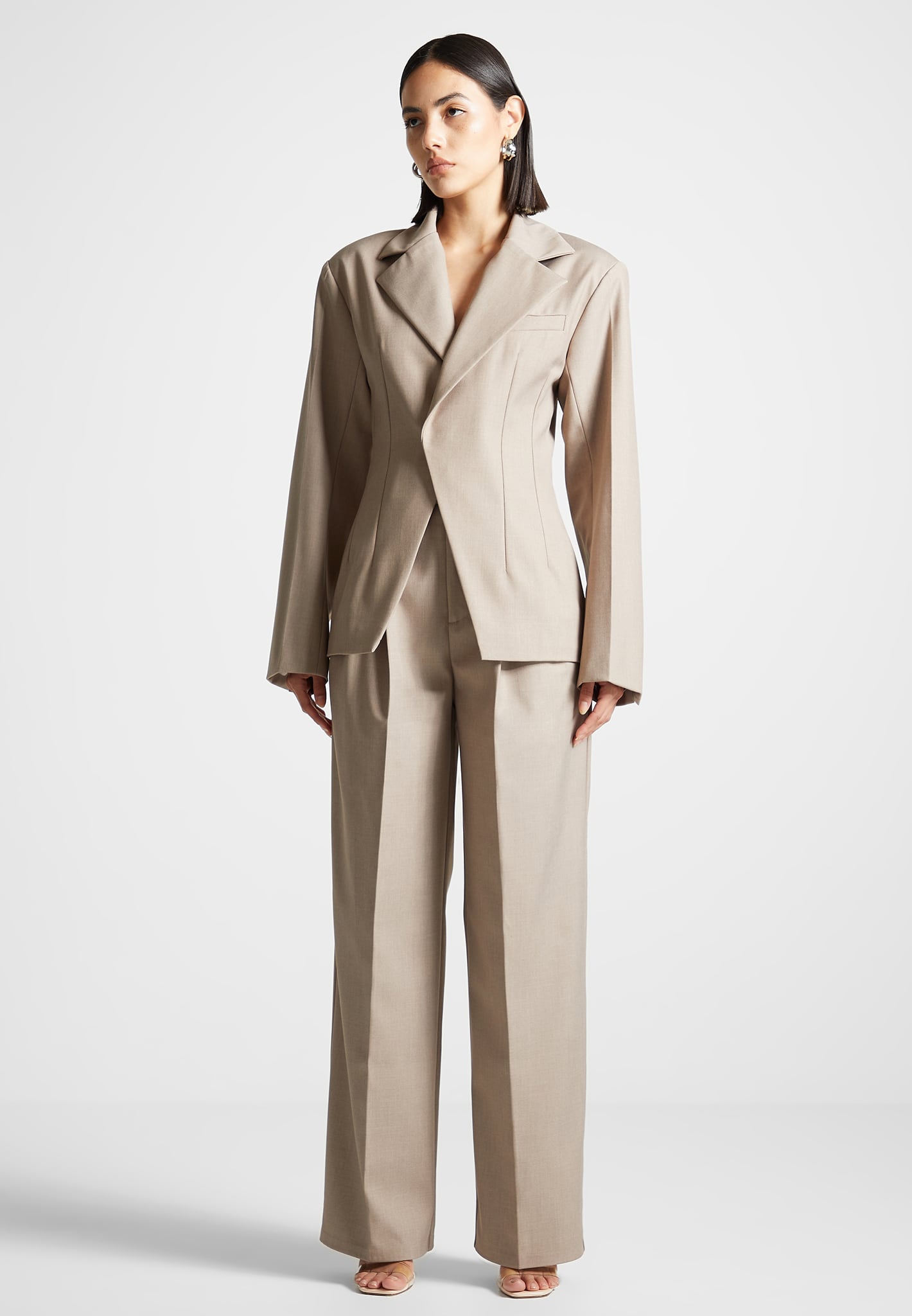 Tailored Double Breasted Blazer for Men | Taupe Formal Jacket with Pintuck Sleeves