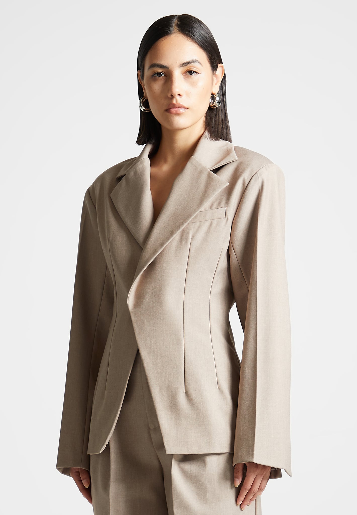 Tailored Double Breasted Blazer for Men | Taupe Formal Jacket with Pintuck Sleeves