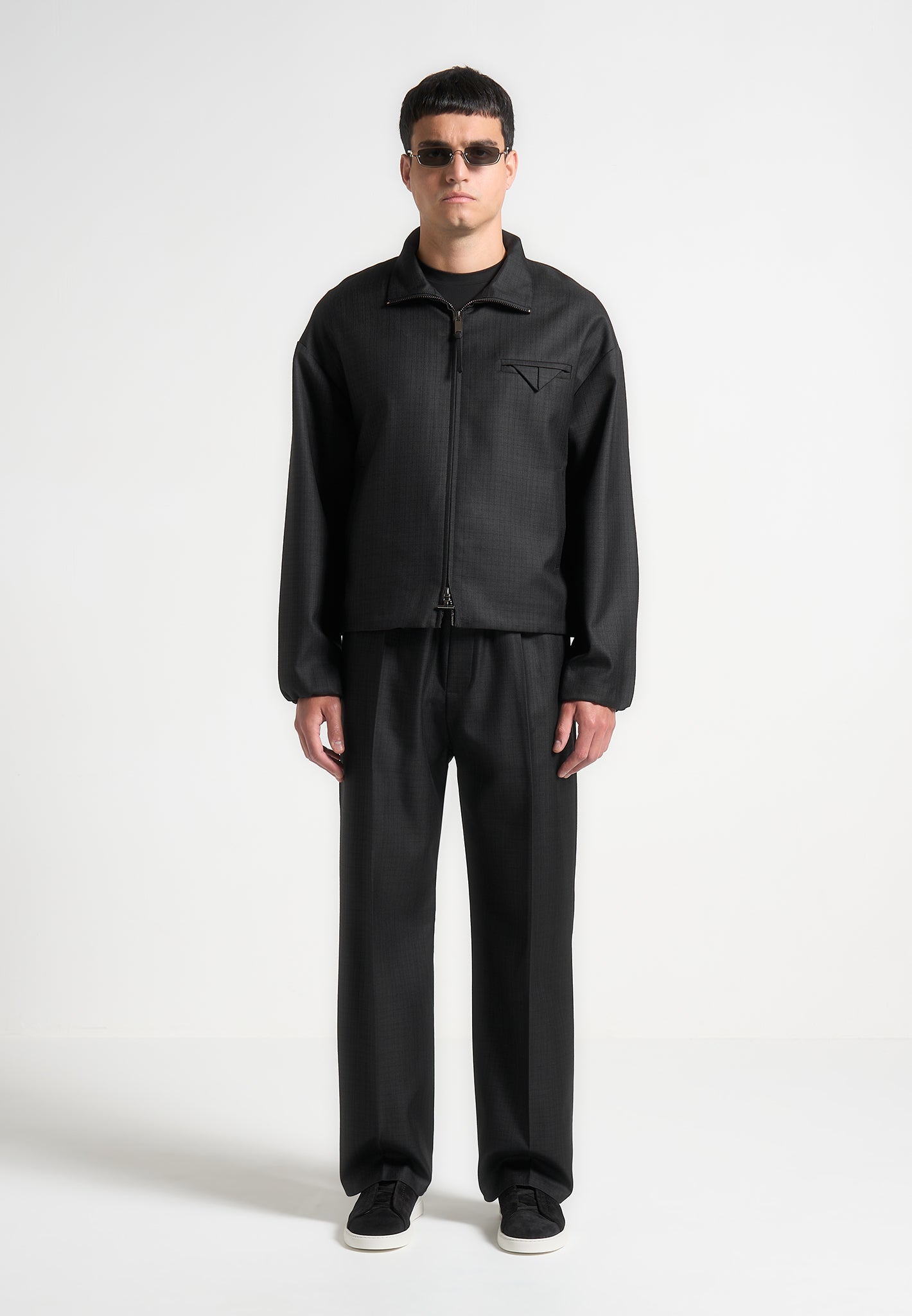 Tailored Funnel Neck Jacket with Drawstring Hem & Gunmetal Hardware | Manière De Voir