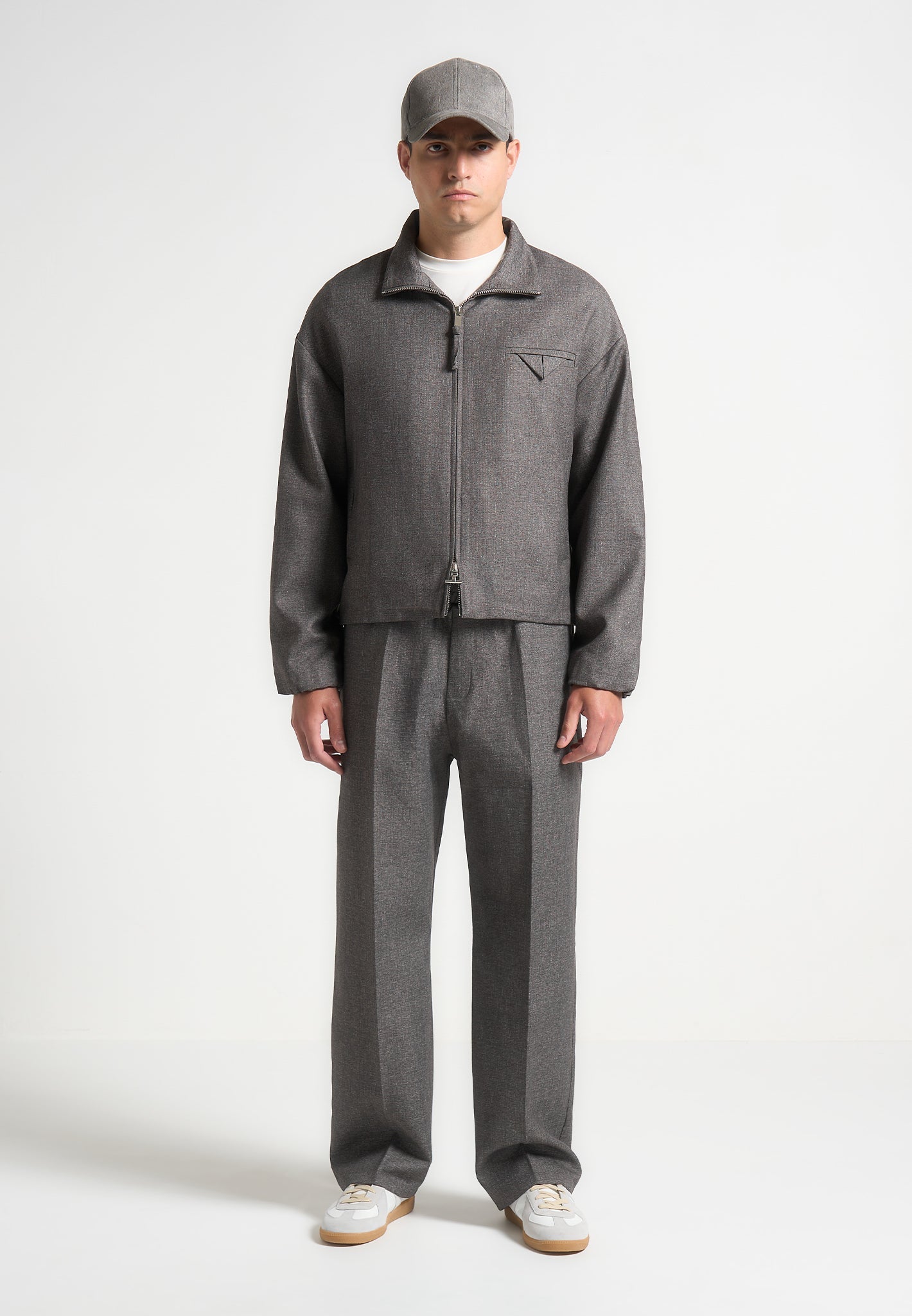Tailored Funnel Neck Jacket with Drawstring Hem & Silver Hardware | Manière De Voir