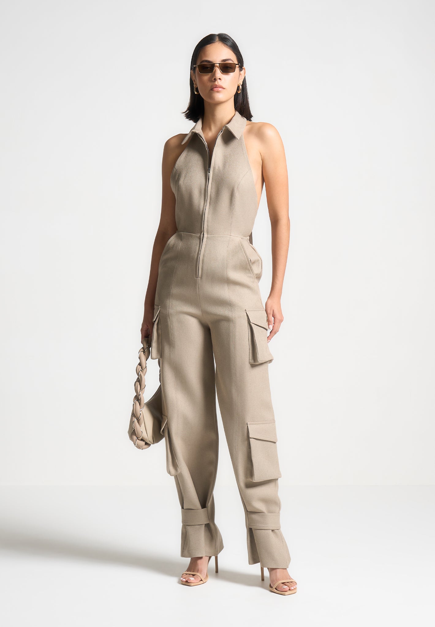 Beige Halterneck Cargo Jumpsuit with Tie Neck & Pockets | Manière De Voir