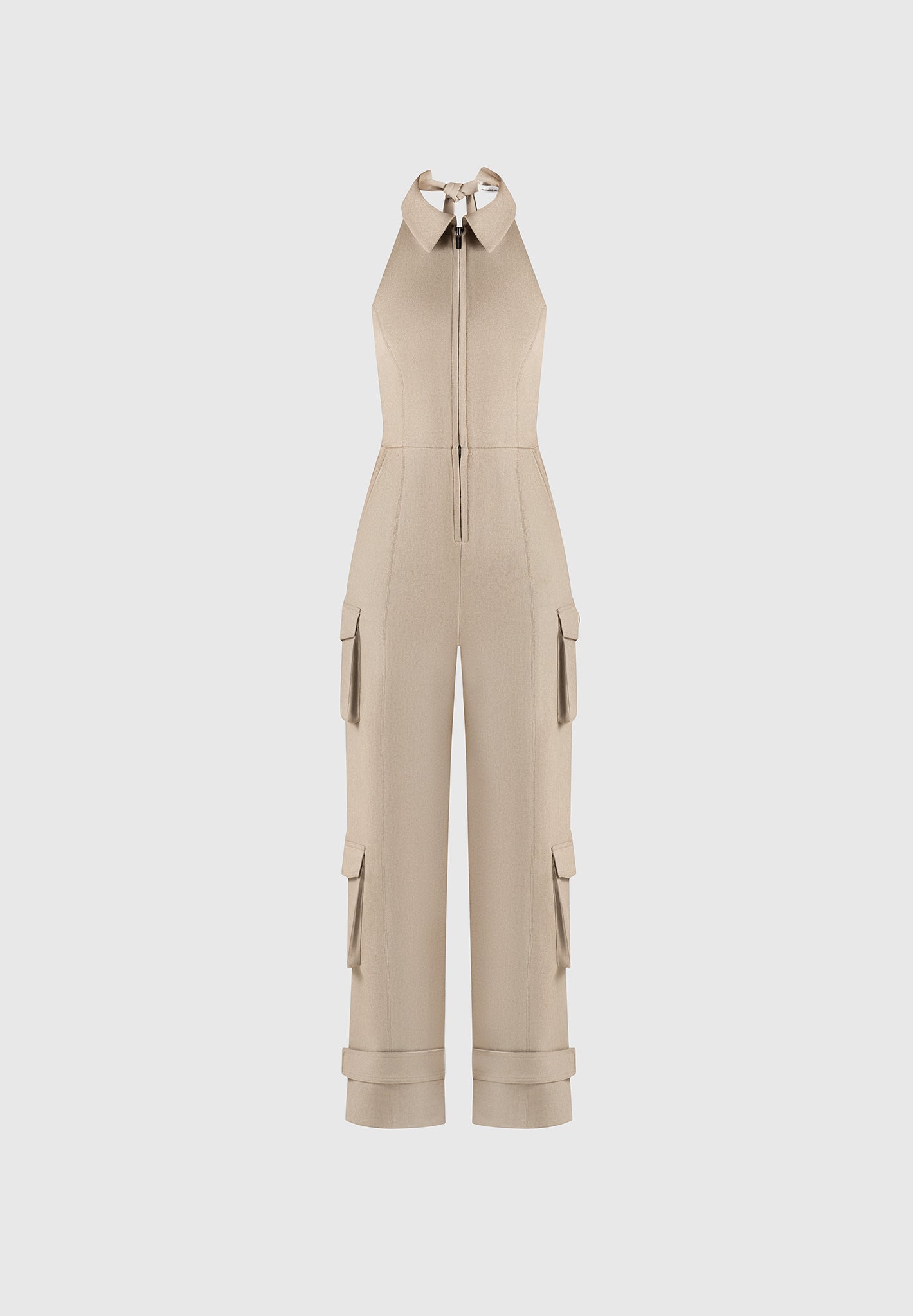 Beige Halterneck Cargo Jumpsuit with Tie Neck & Pockets | Manière De Voir