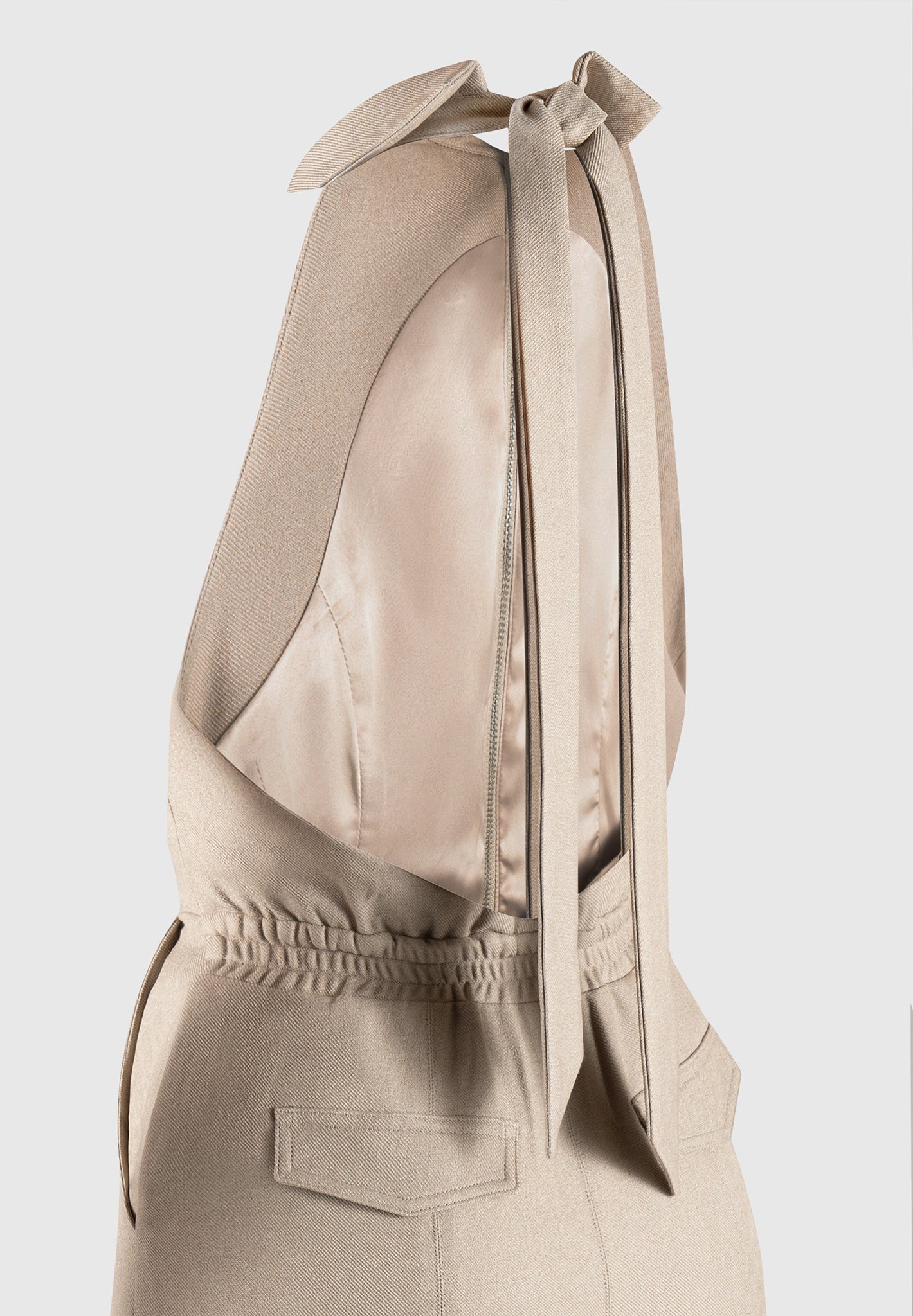 Beige Halterneck Cargo Jumpsuit with Tie Neck & Pockets | Manière De Voir