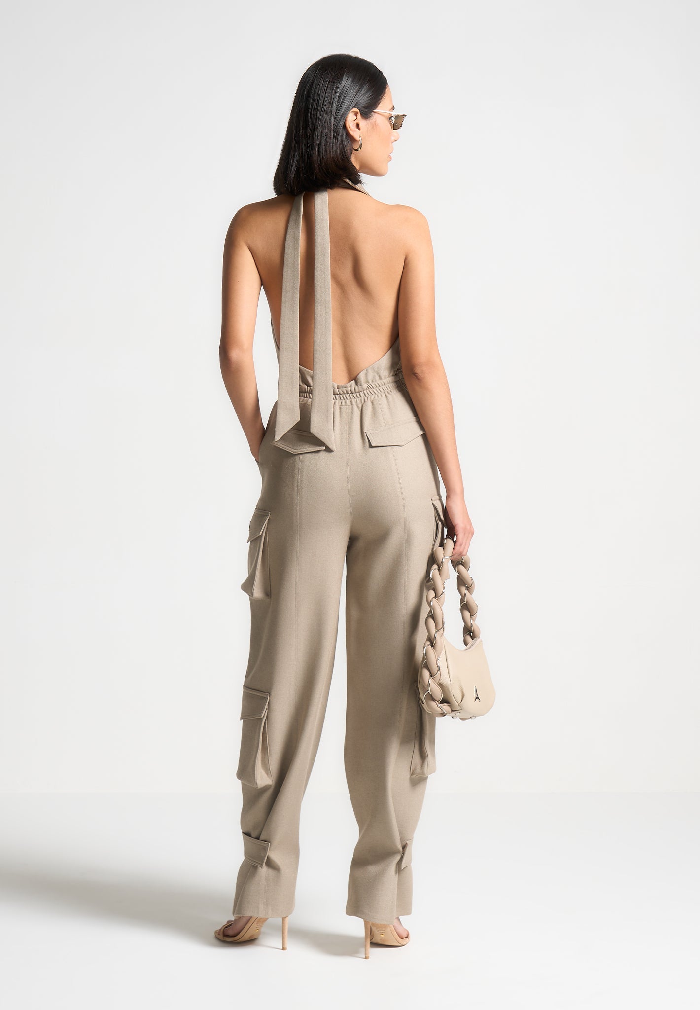 Beige Halterneck Cargo Jumpsuit with Tie Neck & Pockets | Manière De Voir