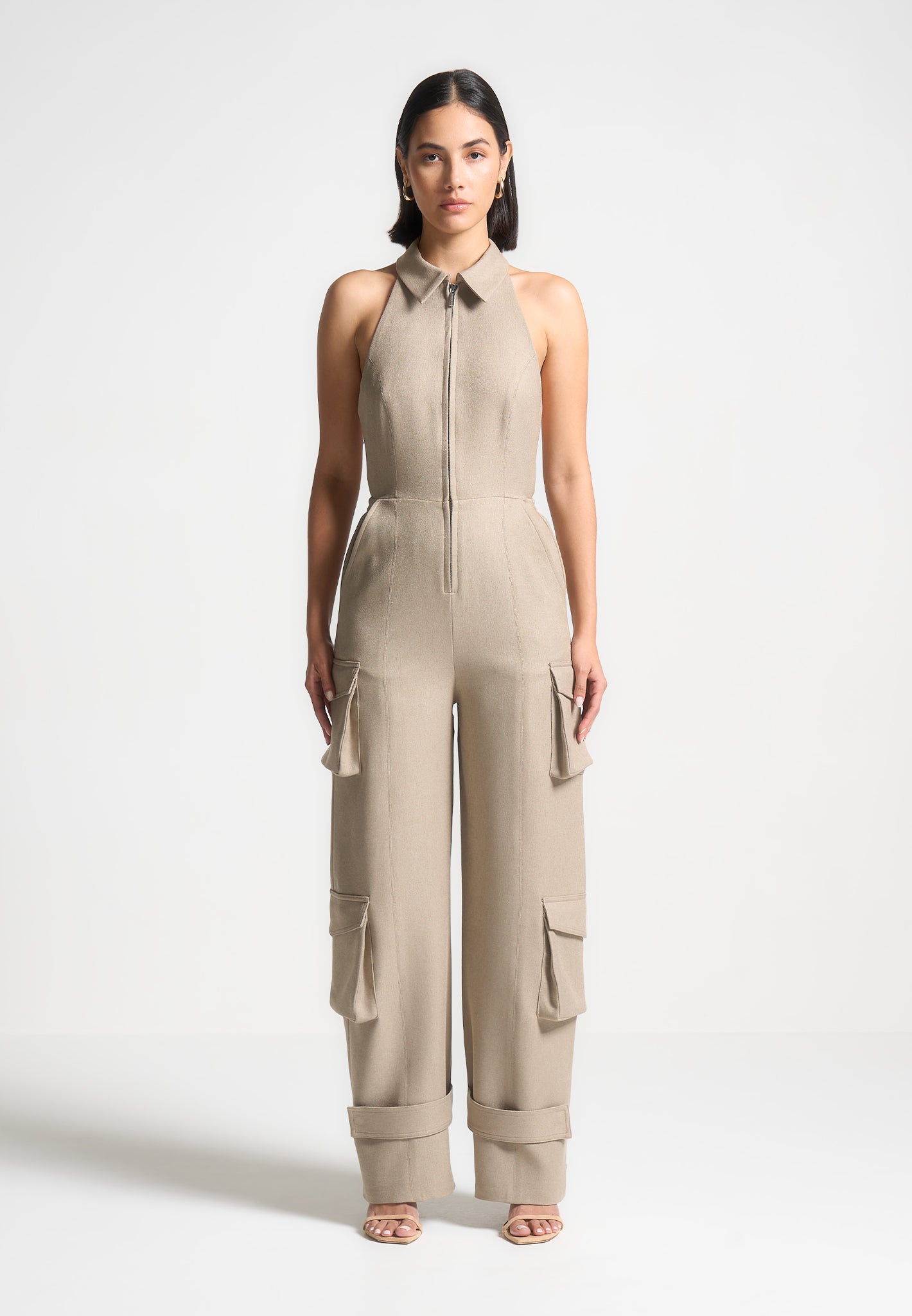 Beige Halterneck Cargo Jumpsuit with Tie Neck & Pockets | Manière De Voir