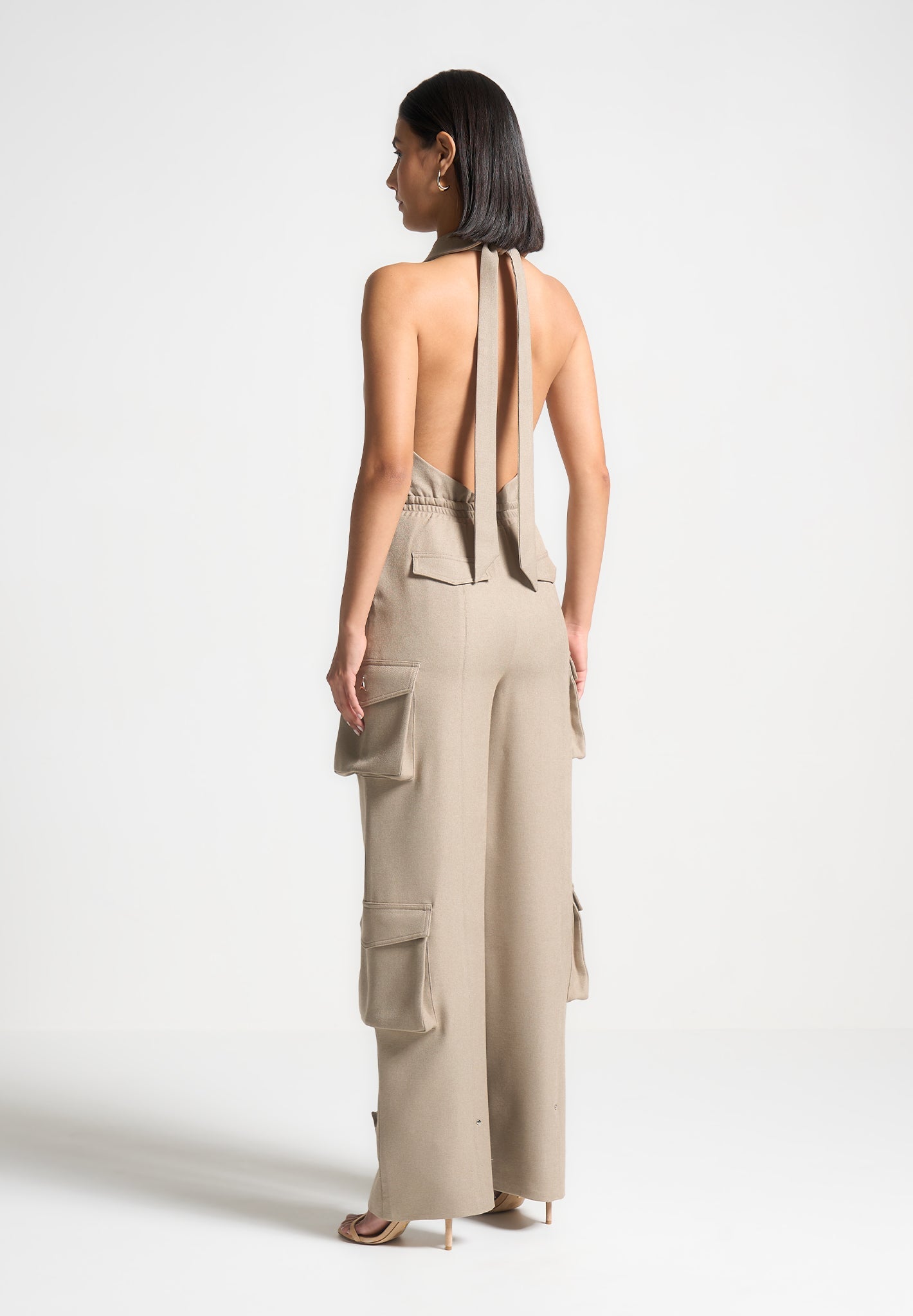 Beige Halterneck Cargo Jumpsuit with Tie Neck & Pockets | Manière De Voir