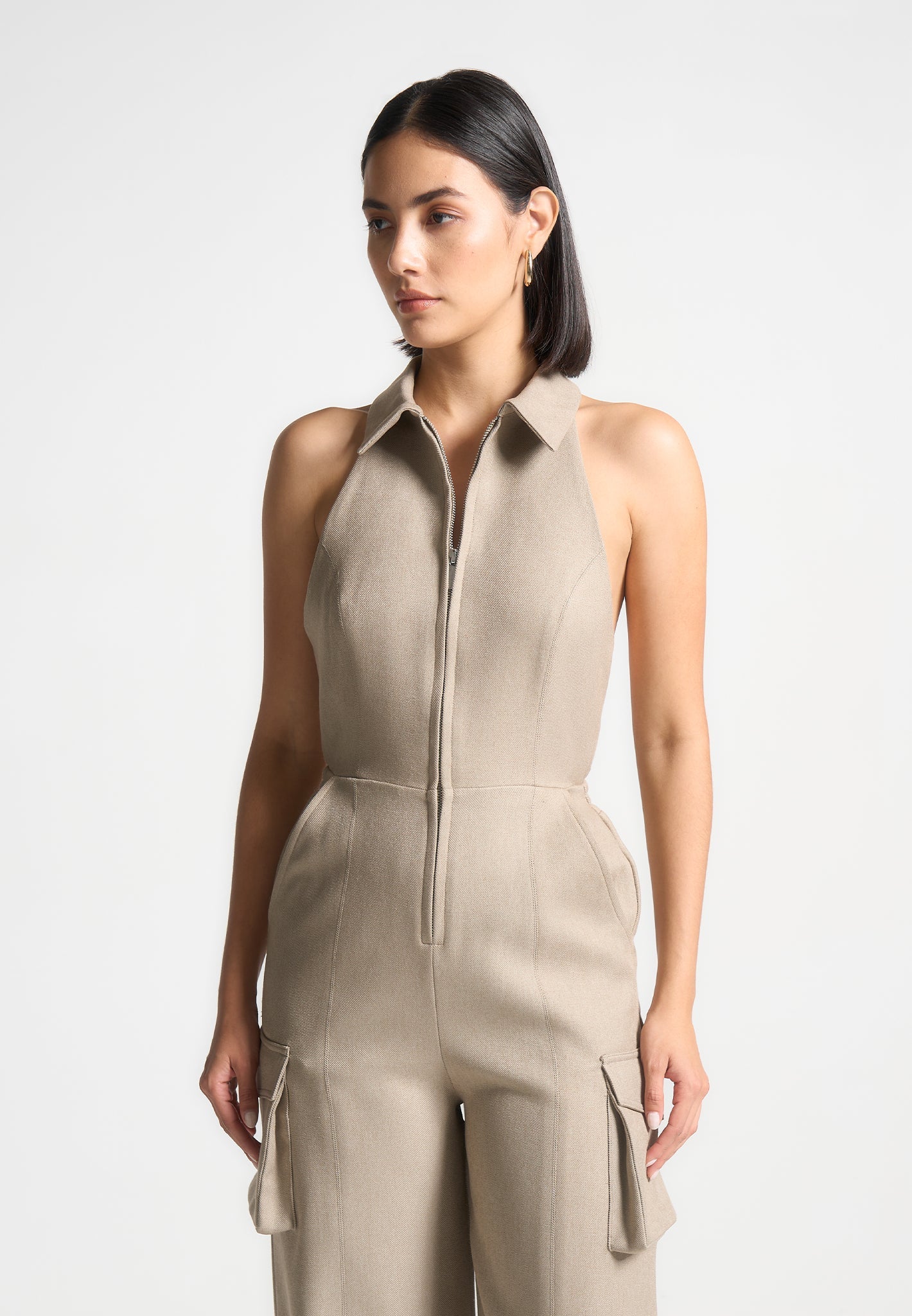 Beige Halterneck Cargo Jumpsuit with Tie Neck & Pockets | Manière De Voir