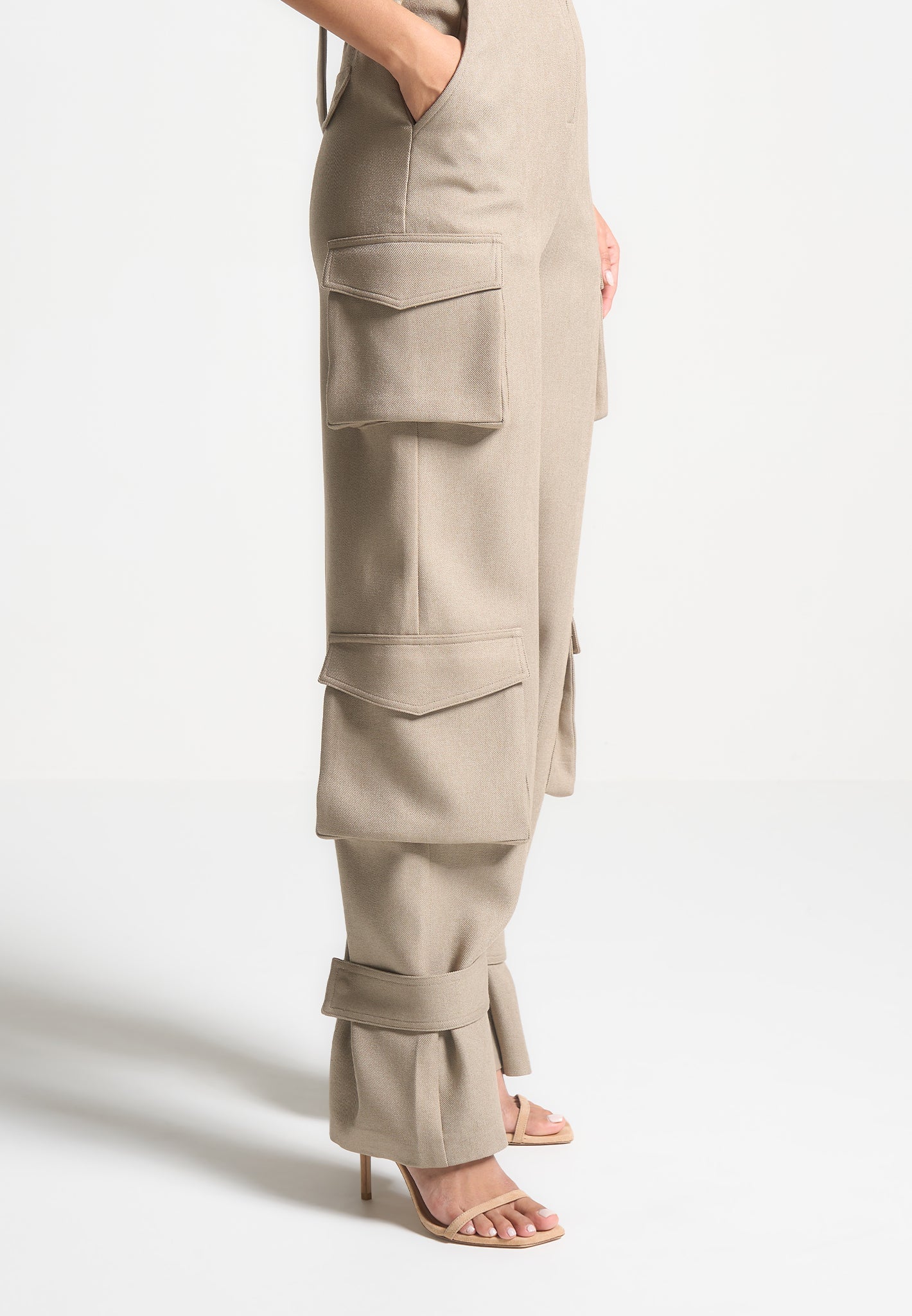 Beige Halterneck Cargo Jumpsuit with Tie Neck & Pockets | Manière De Voir