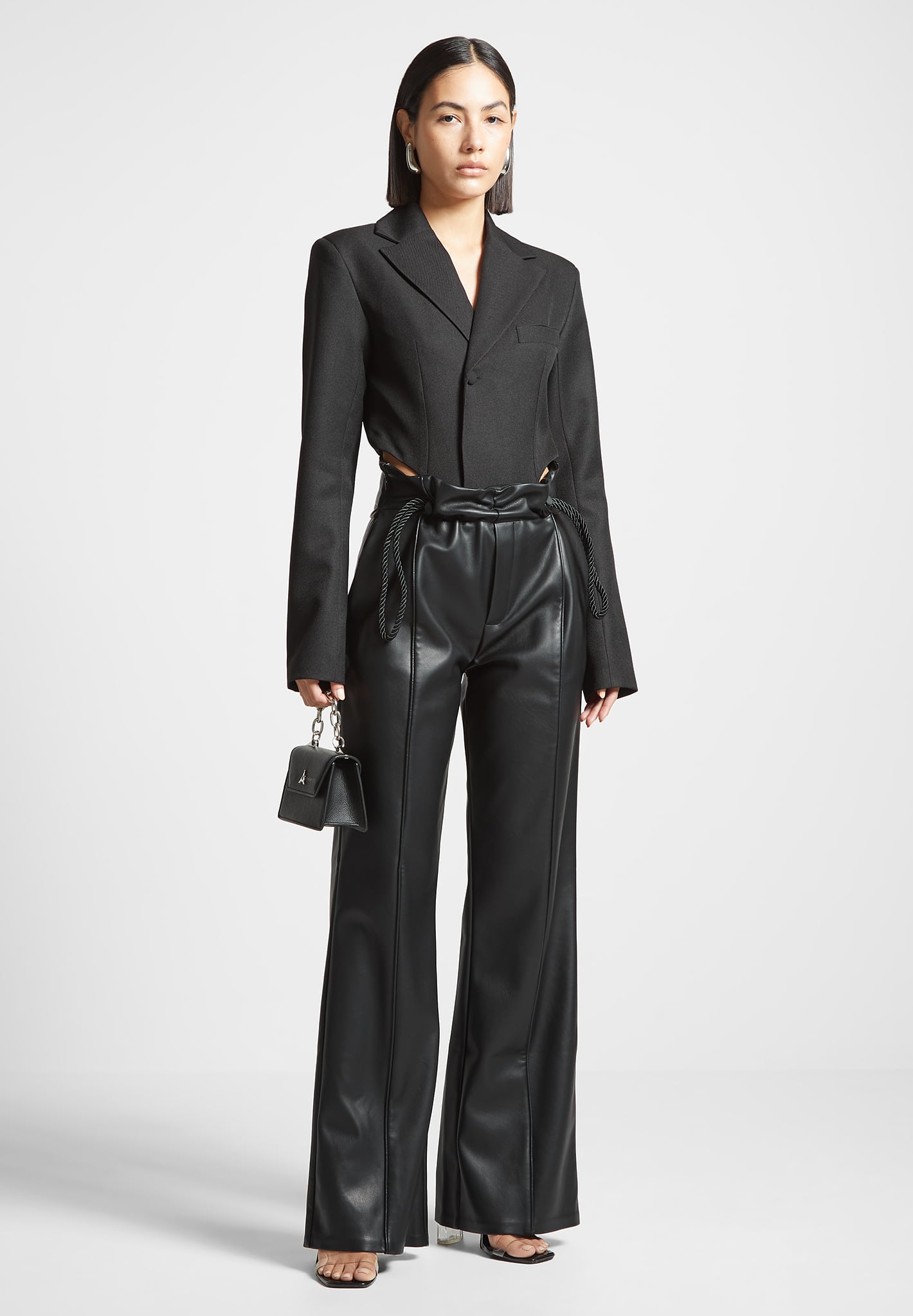 Black High Leg Blazer Bodysuit with Lapel Collar | Tailored Fit