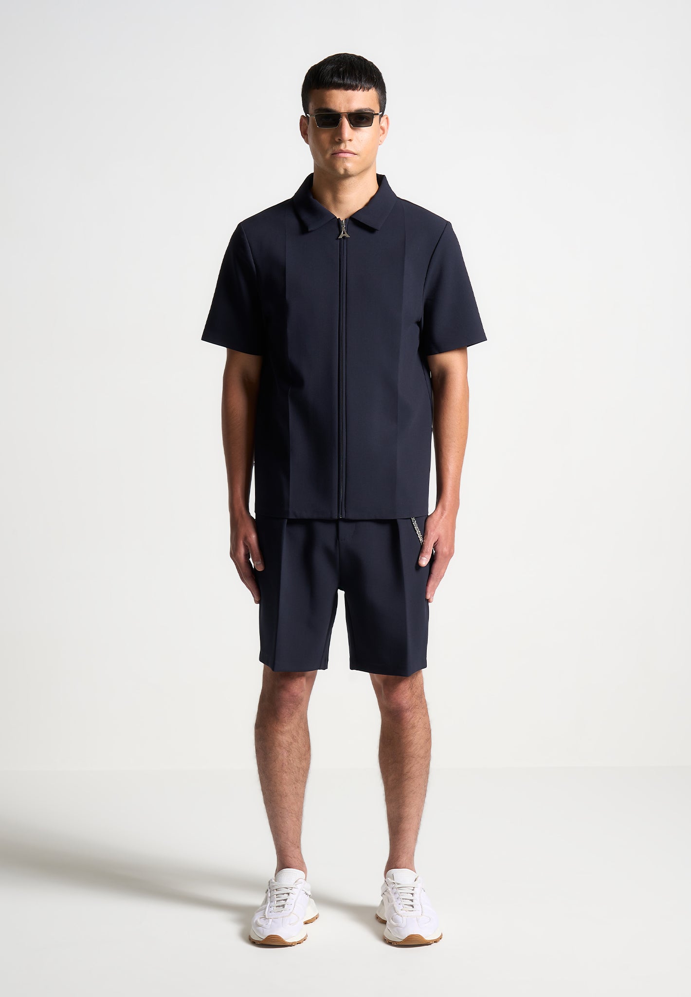 Navy Tailored Shirt with Hidden Zip & Pleat Detail | Manière De Voir