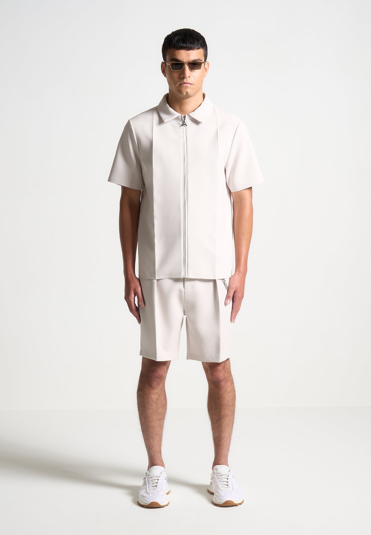 Tailored Short Sleeve Shirt with Hidden Zip & Pleat Detail | Stone