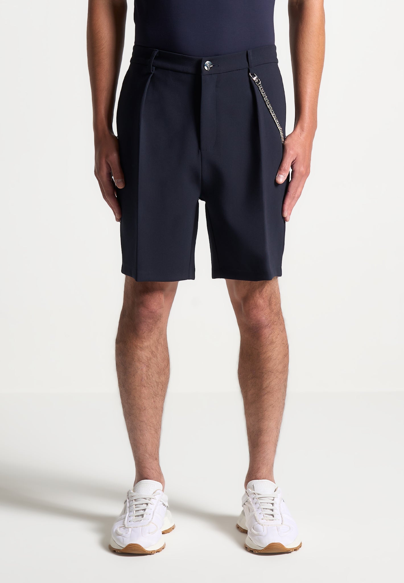 Tailored Navy Shorts with Detachable Chain & Silver Hardware | Manière De Voir