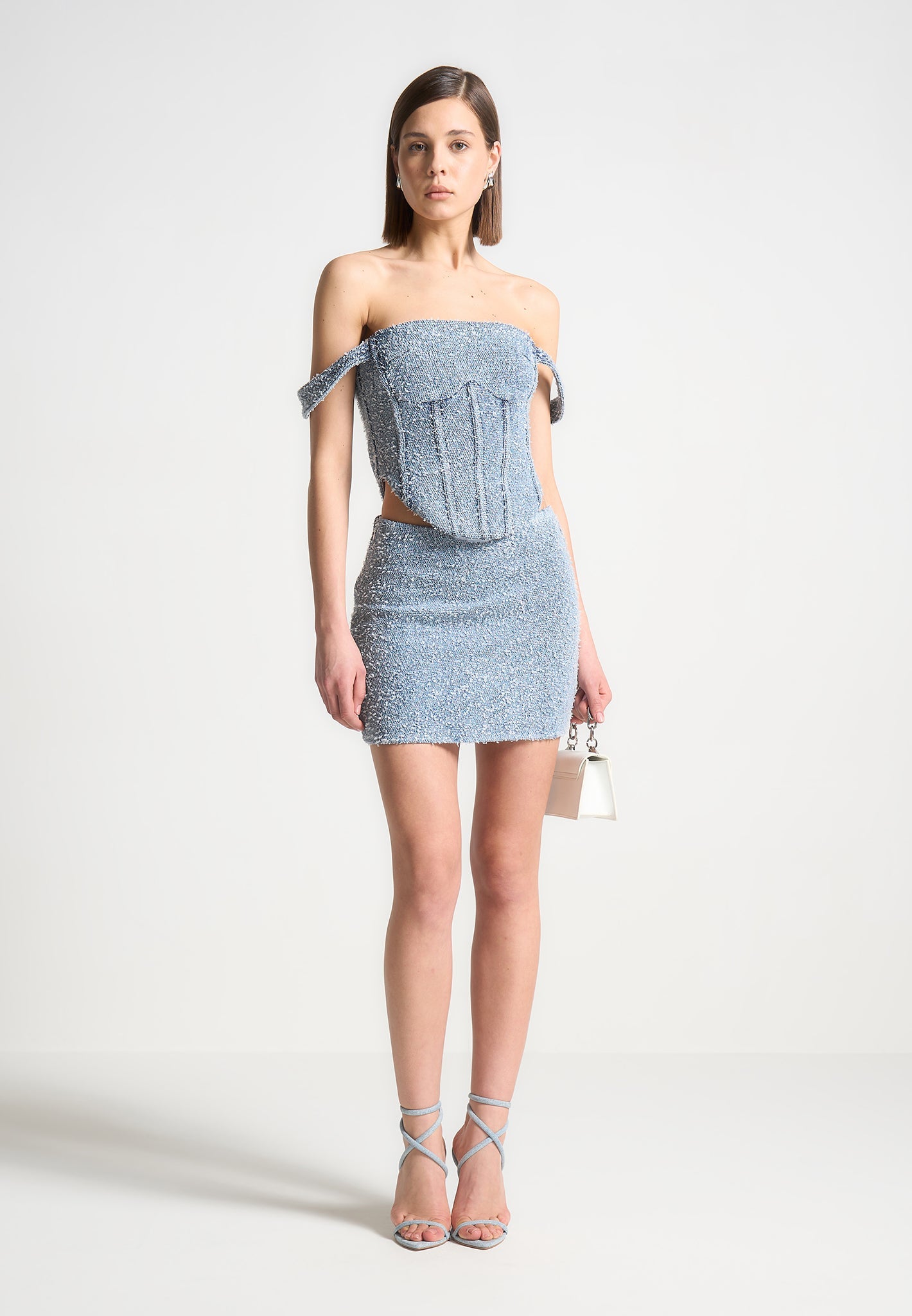 Boucle Denim Mini Skirt with Elastic Waist & Side Zip | Mid Blue