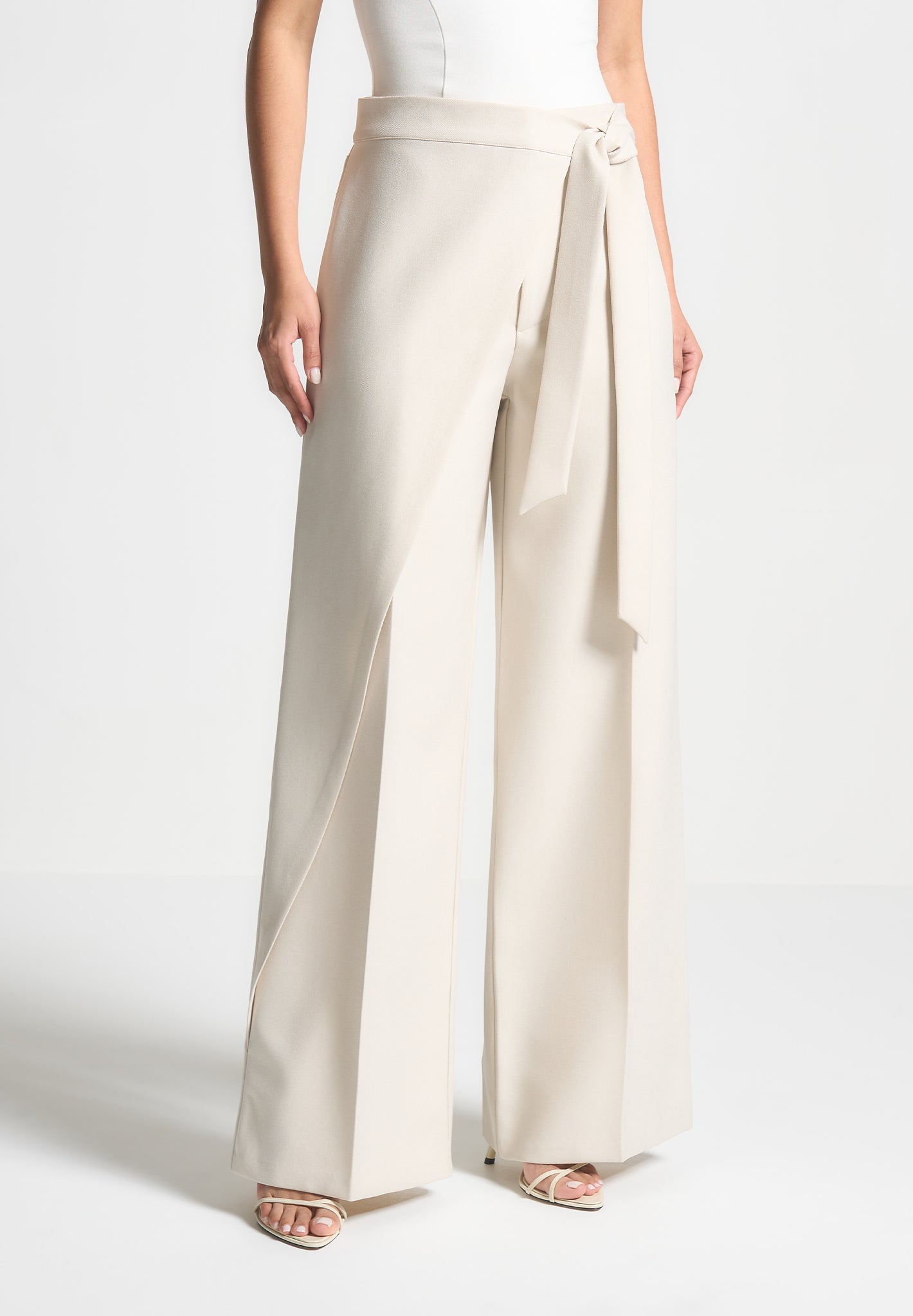 Light Beige Wrap Trousers with Tie & Wide Leg | Tailored Fit