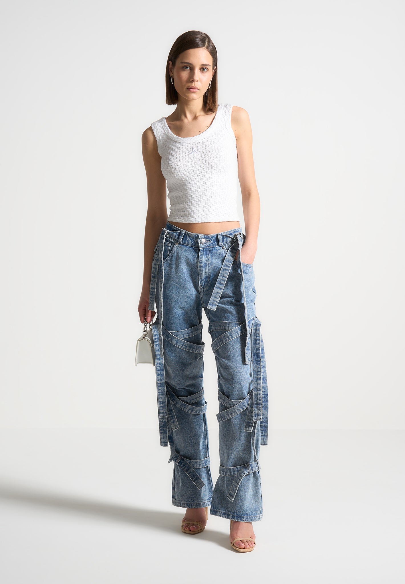 Denim Strap Cargo Jeans with Adjustable Waist | Mid Blue | Manière De Voir