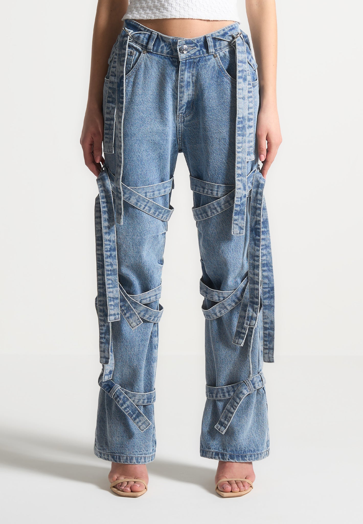 Denim Strap Cargo Jeans with Adjustable Waist | Mid Blue | Manière De Voir