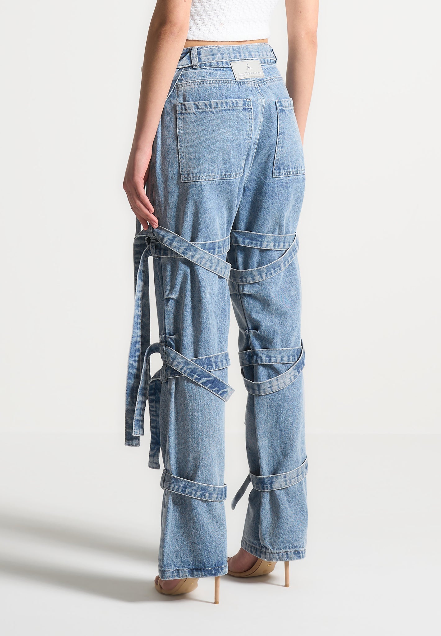 Denim Strap Cargo Jeans with Adjustable Waist | Mid Blue | Manière De Voir