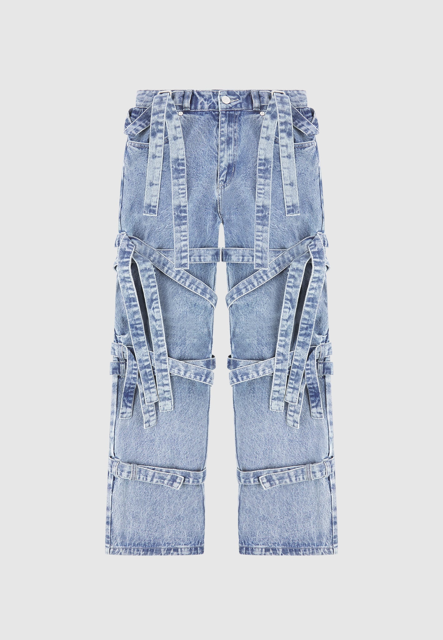 Denim Strap Cargo Jeans with Adjustable Waist | Mid Blue | Manière De Voir