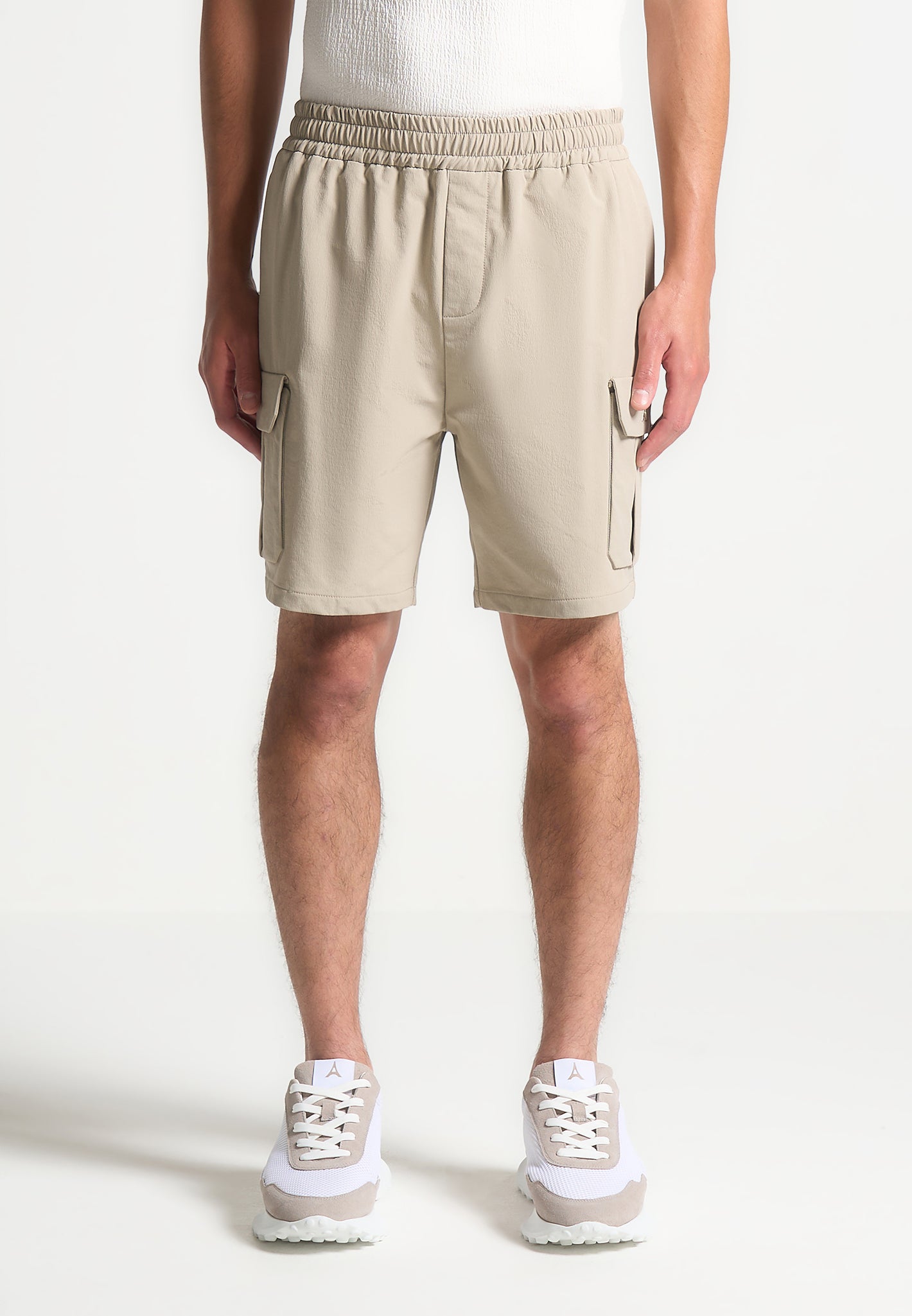 Technical Cargo Shorts with Elastic Waist & Pockets | Taupe