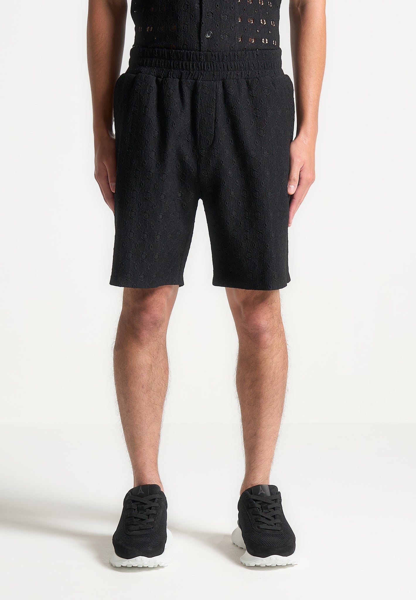 Textured Crochet Knit Shorts with Drawstring | Black Casual Shorts