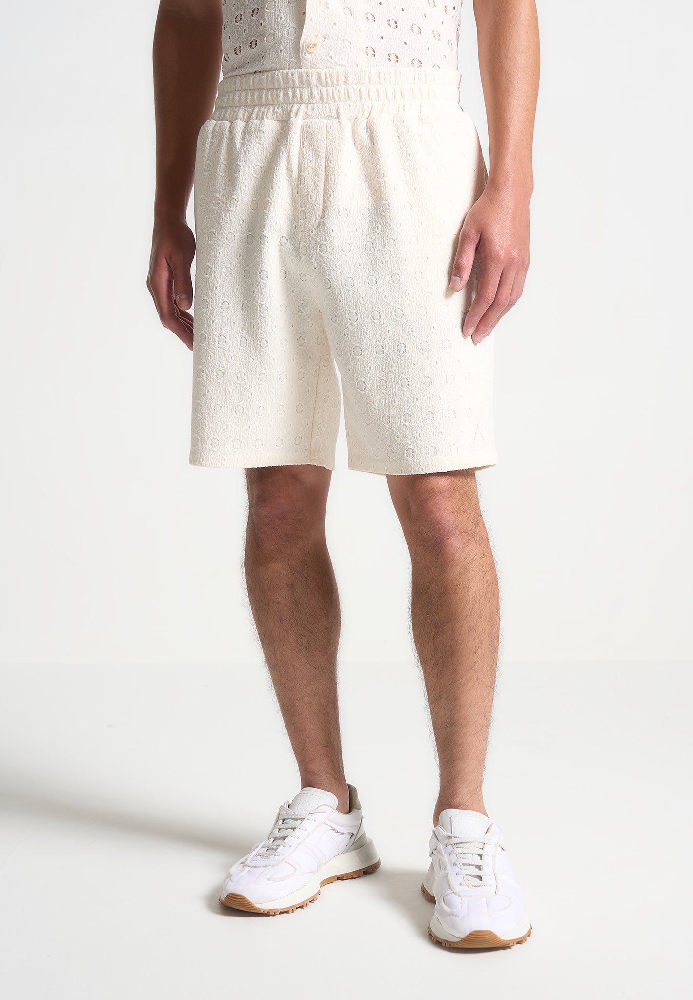 Textured Crochet Knit Shorts with Adjustable Waist | Cream