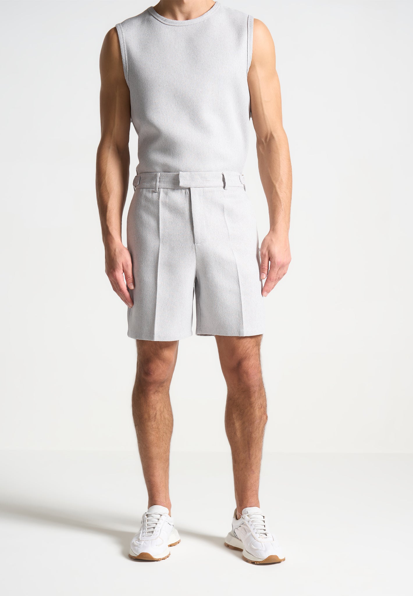 Textured Tailored Shorts for Men | Relaxed Fit with Side Pockets - Grey