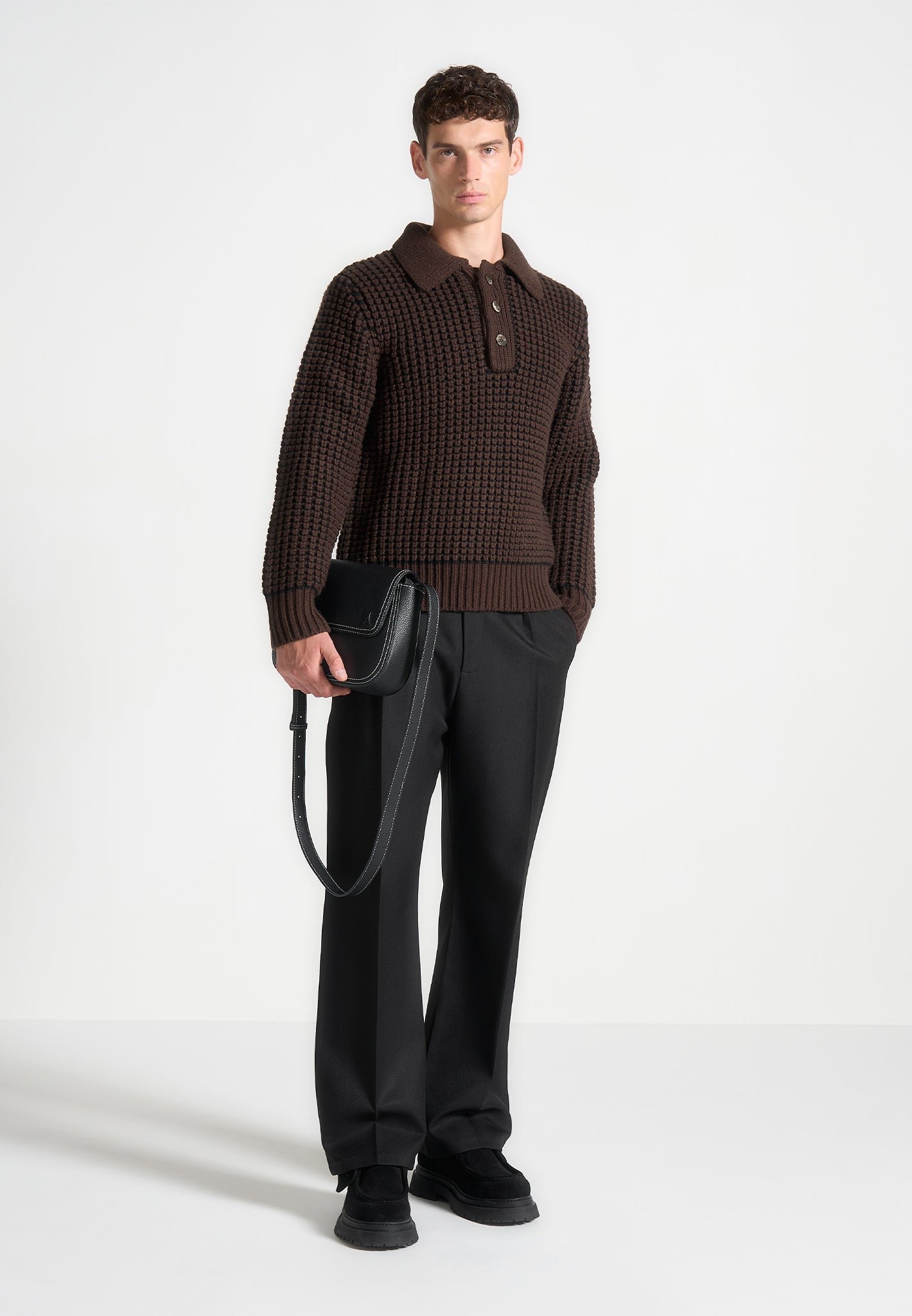 Textured Wool Knit Polo Sweater with Button Collar | Brown Cable Knit