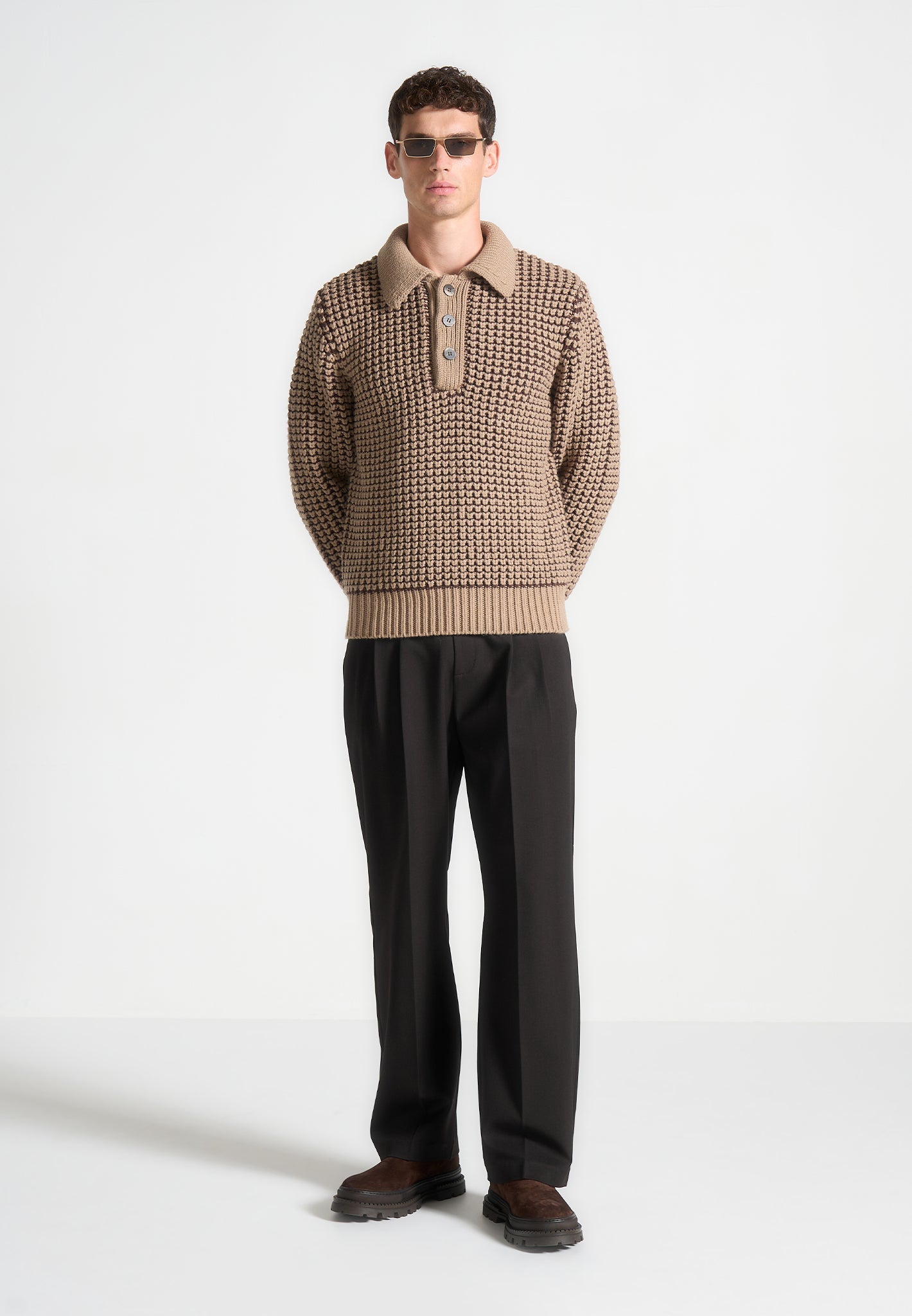 Textured Wool Knit Polo Jumper with Button Collar | Manière De Voir
