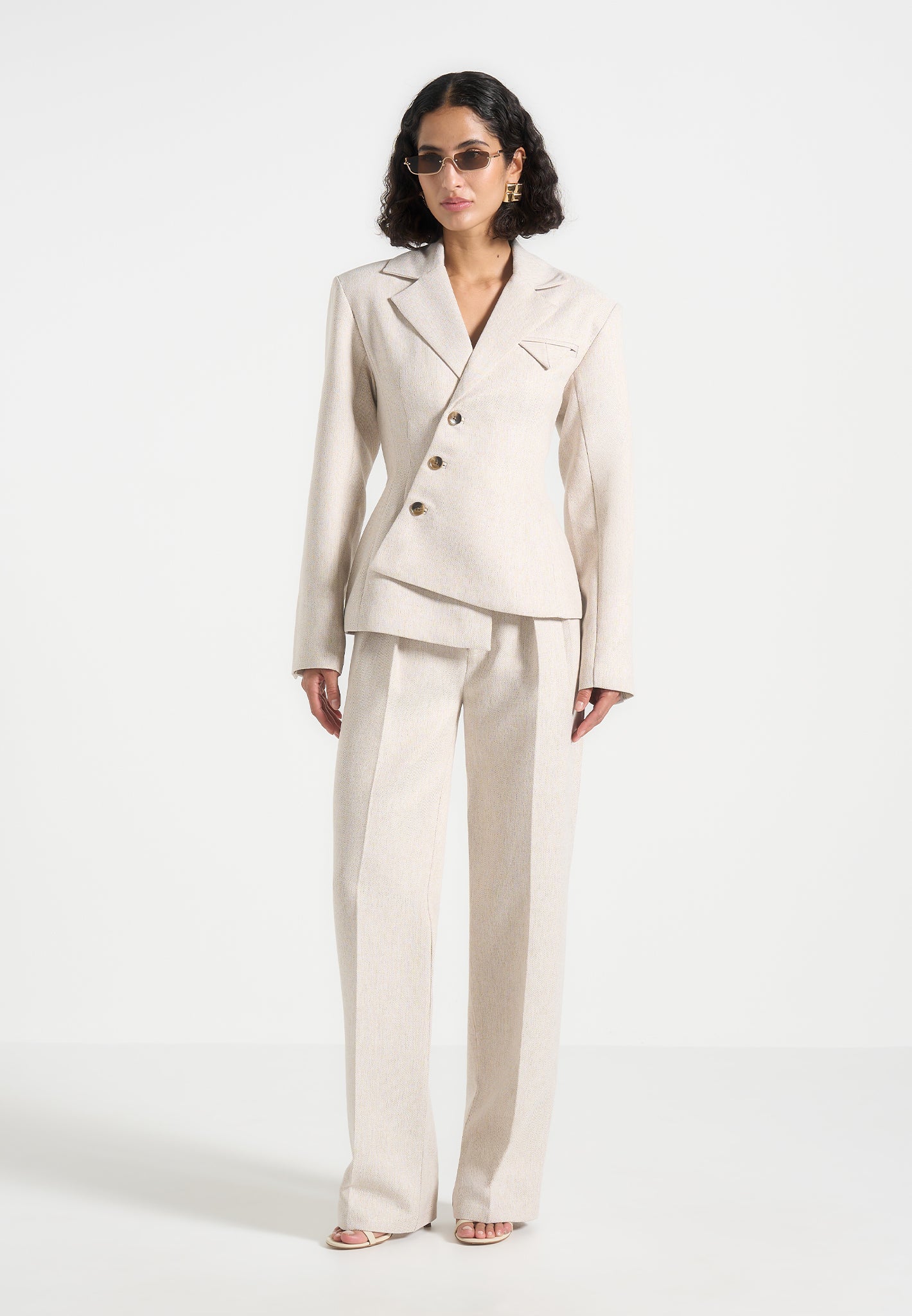 Tailored Asymmetric Blazer with Sculpted Waist | Thalia - Light Beige