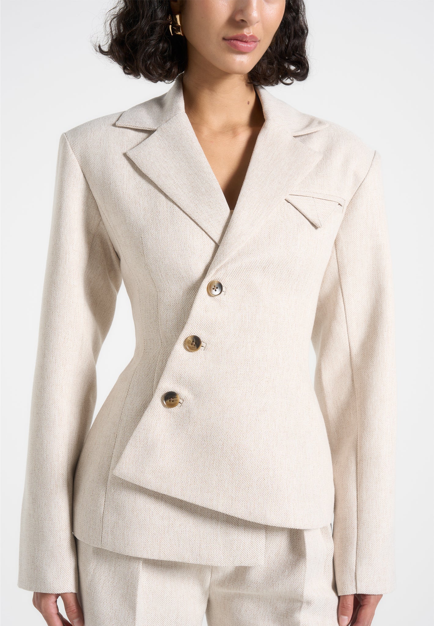 Tailored Asymmetric Blazer with Sculpted Waist | Thalia - Light Beige