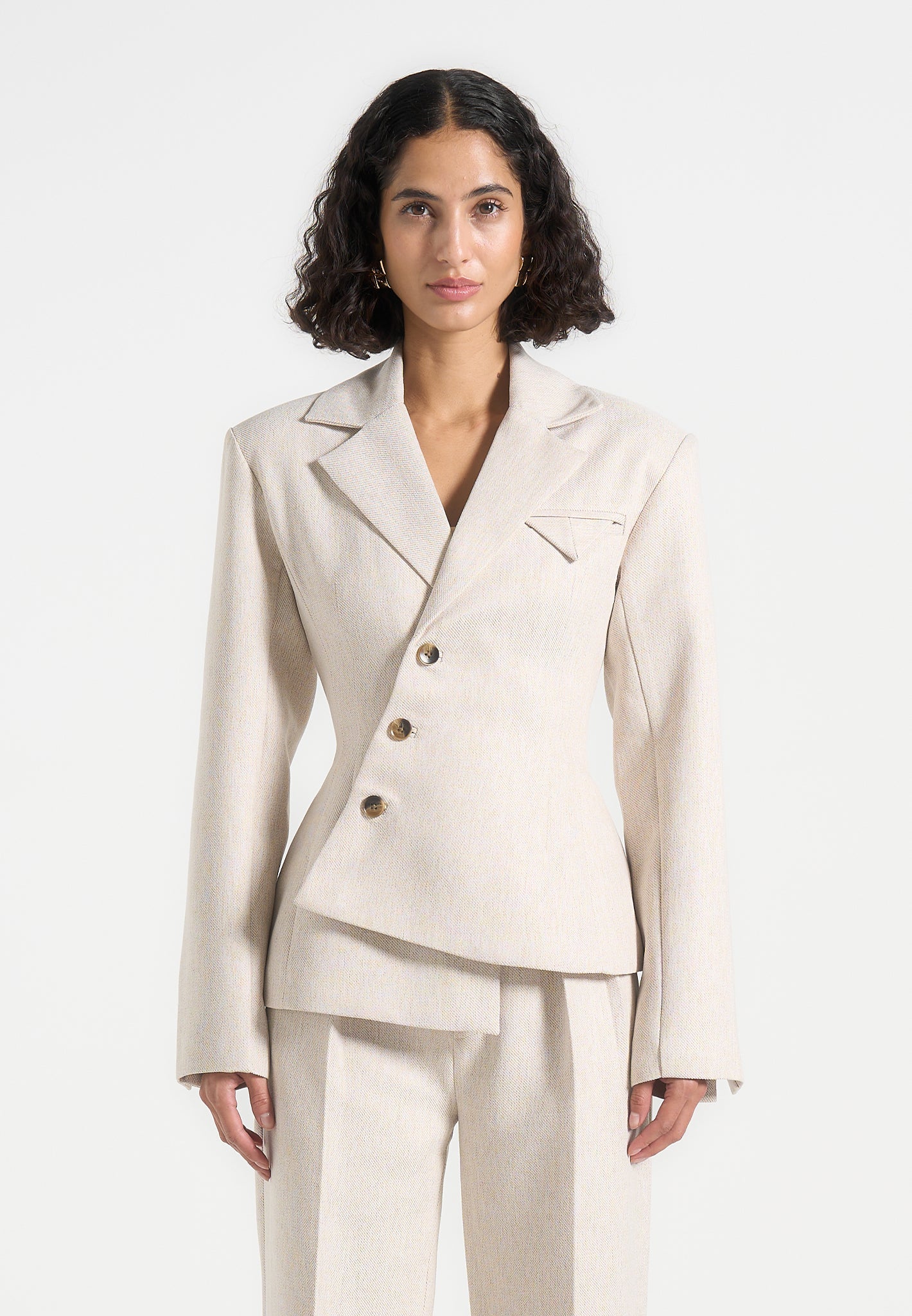 Tailored Asymmetric Blazer with Sculpted Waist | Thalia - Light Beige
