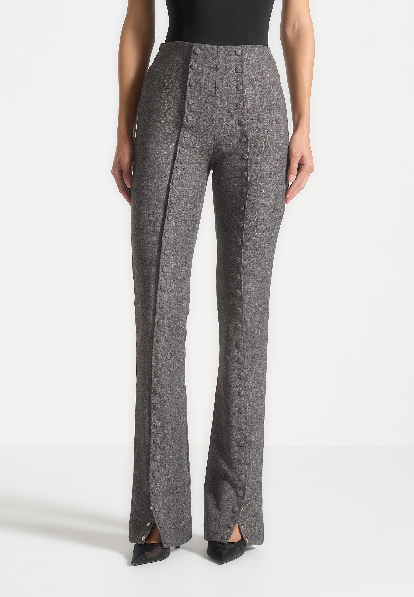 Flared Trousers with Button Detail & Elastic Waist | Therese Dark Grey